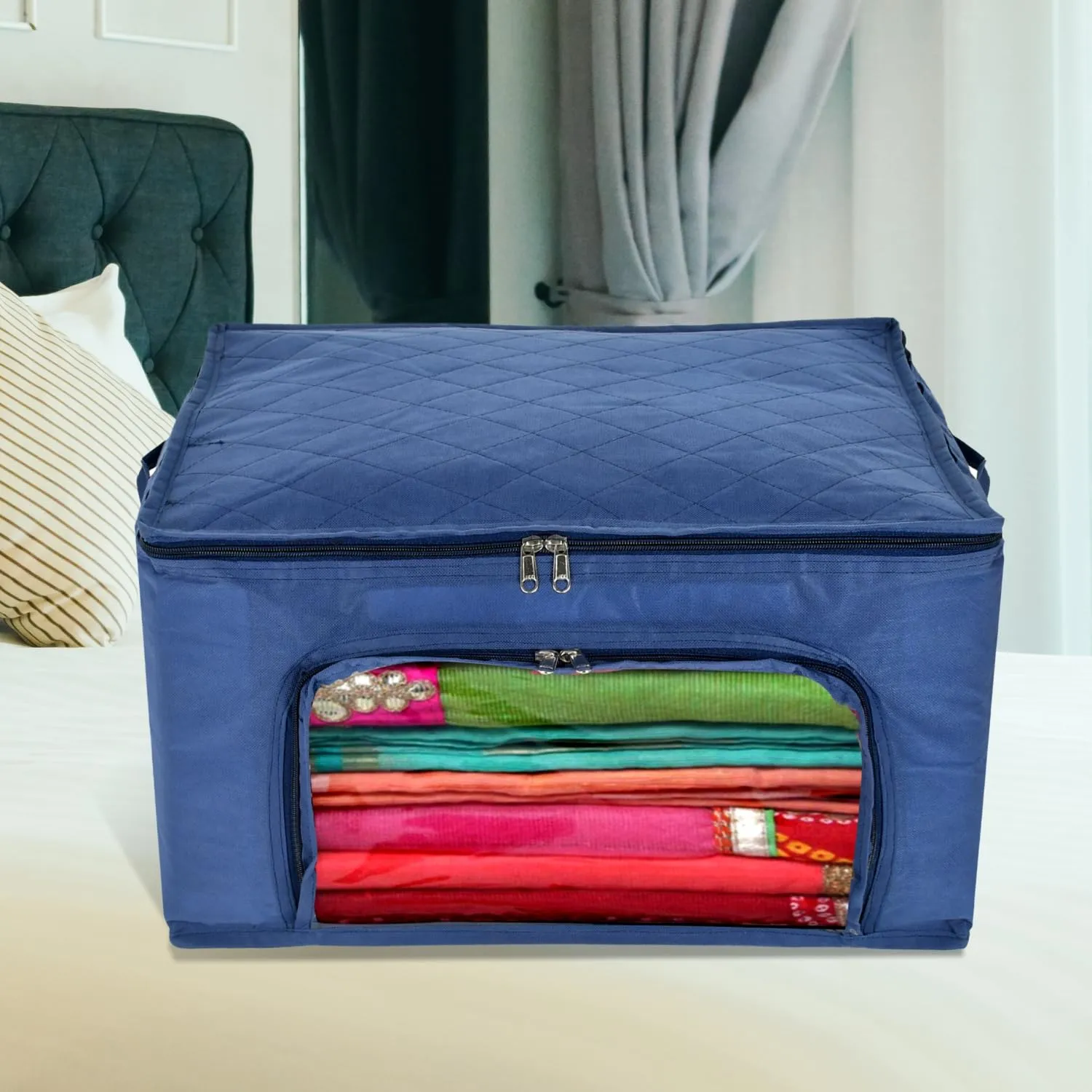 Kuber Industries Storage Bag | Zipper Closure Storage Bag | Clothes Organiser | Non-Woven Travel Storage Bag | Wardrobe Organizer with Transparent View | Pack of 2 | Blue