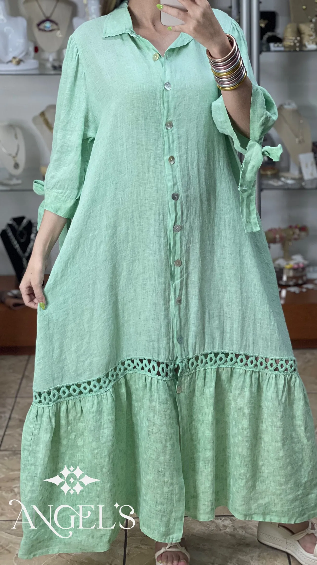 Linen With Polka Details OS Dress