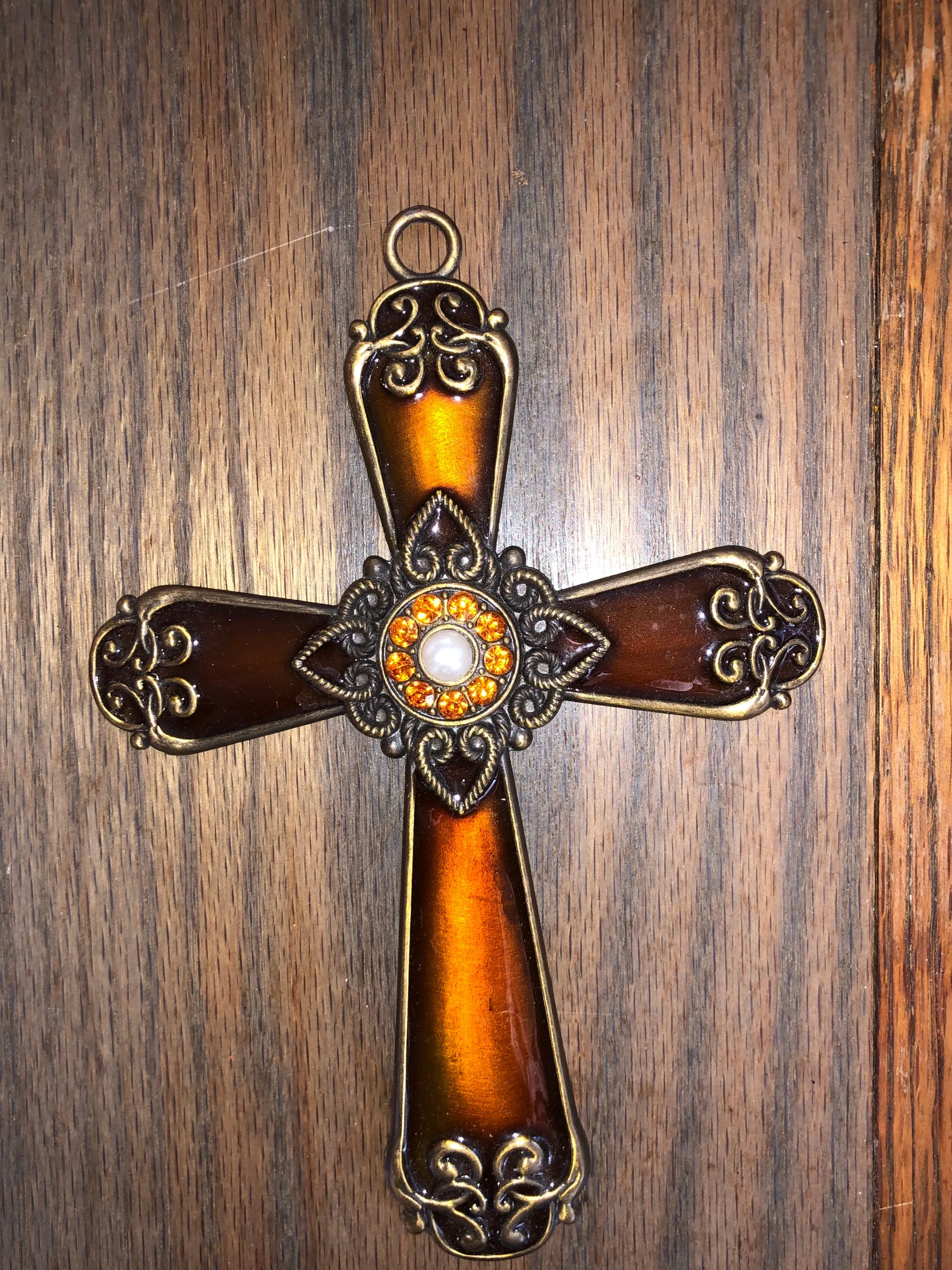 <€€ Ornate Cross Ornament Bronze Metal 6.5” Gold Rhinestones Christmas Holiday Decor