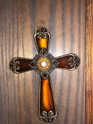 <€€ Ornate Cross Ornament Bronze Metal 6.5” Gold Rhinestones Christmas Holiday Decor