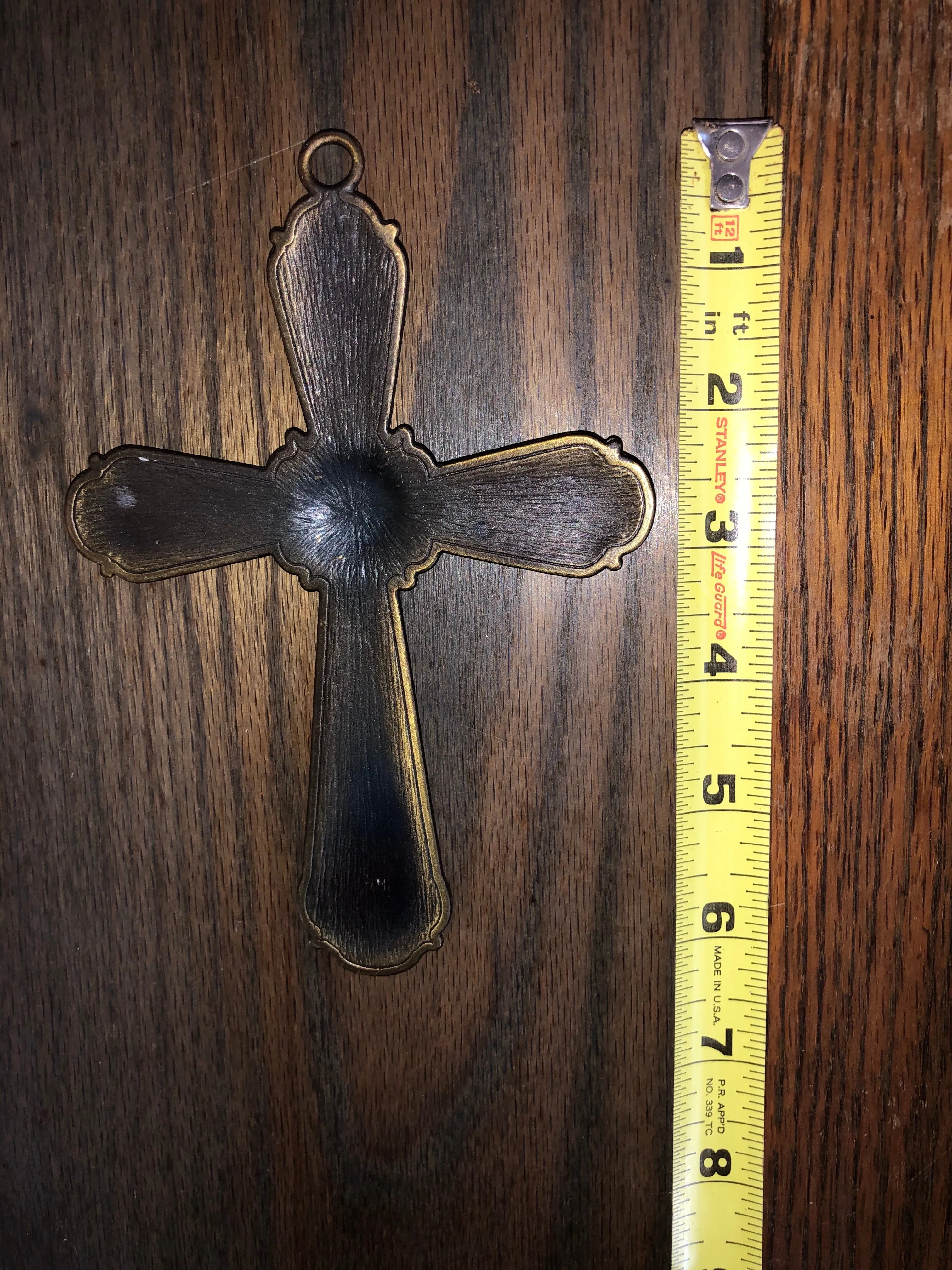 <€€ Ornate Cross Ornament Bronze Metal 6.5” Gold Rhinestones Christmas Holiday Decor