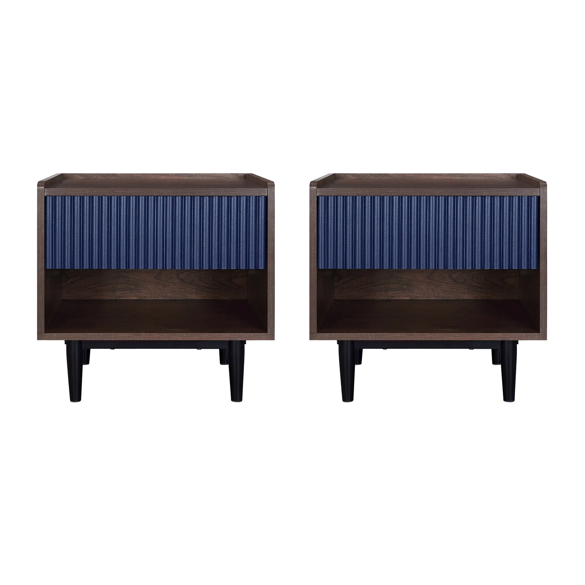 Manhattan Comfort Duane Modern Ribbed Nightstand with Full Extension Drawer in Dark Brown and Navy Blue- Set of 2