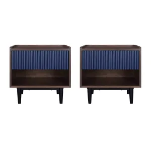 Manhattan Comfort Duane Modern Ribbed Nightstand with Full Extension Drawer in Dark Brown and Navy Blue- Set of 2