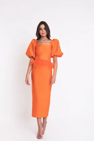 Matilde Cano Orange Dress With Feather Details