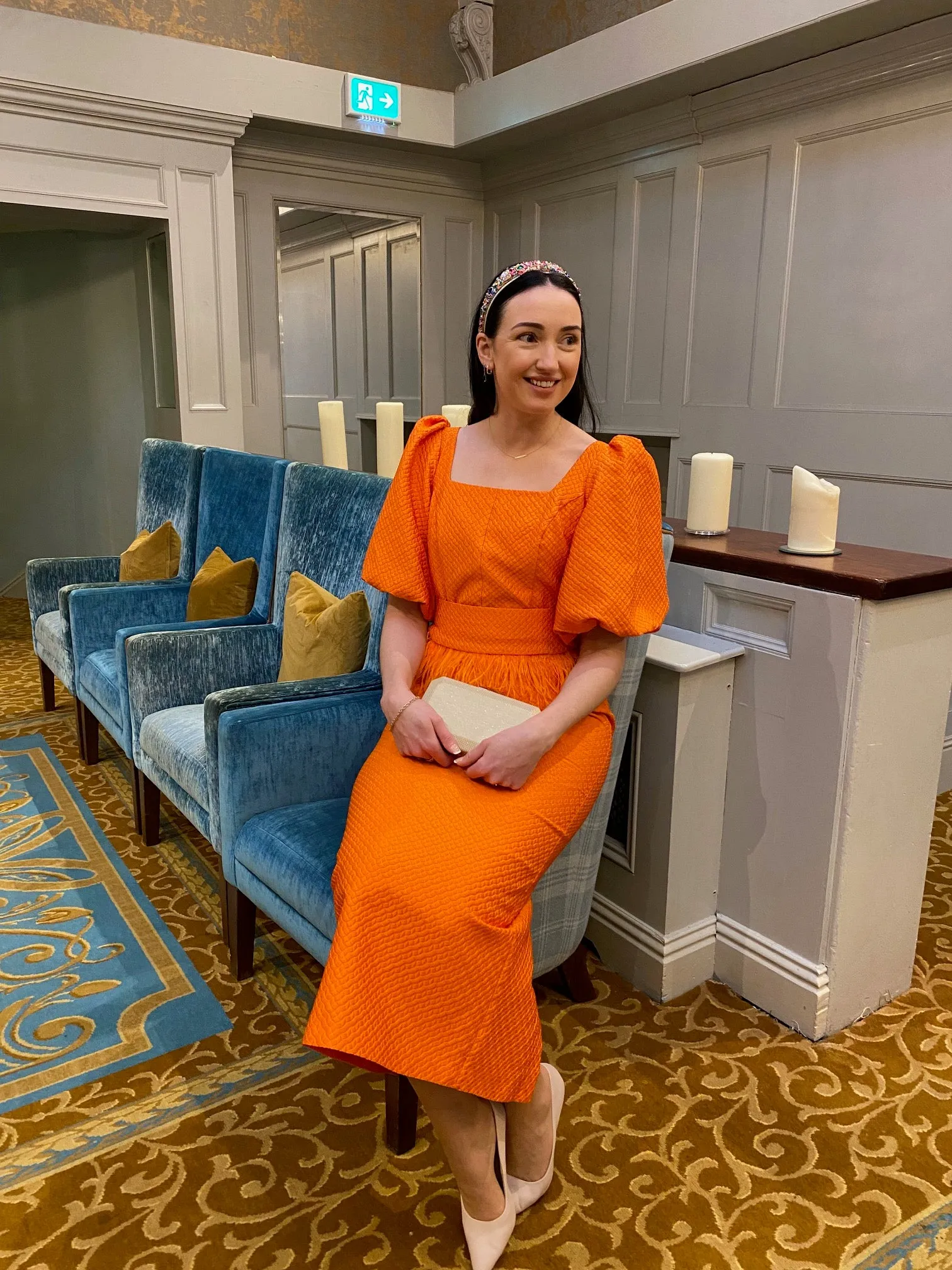 Matilde Cano Orange Dress With Feather Details