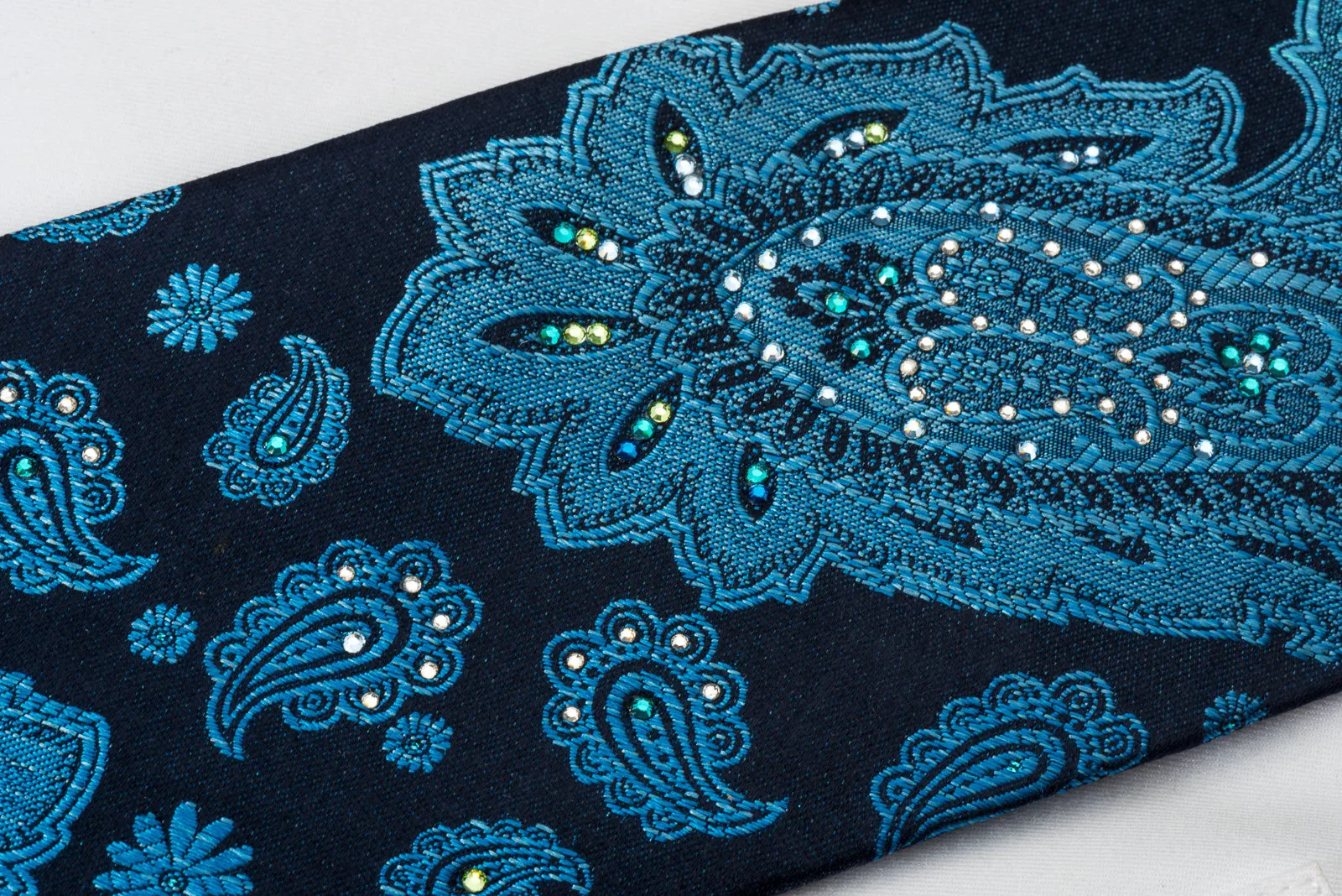 Mila Schon Rhinestone Tie Ornate Turquoise Paisley On Blue