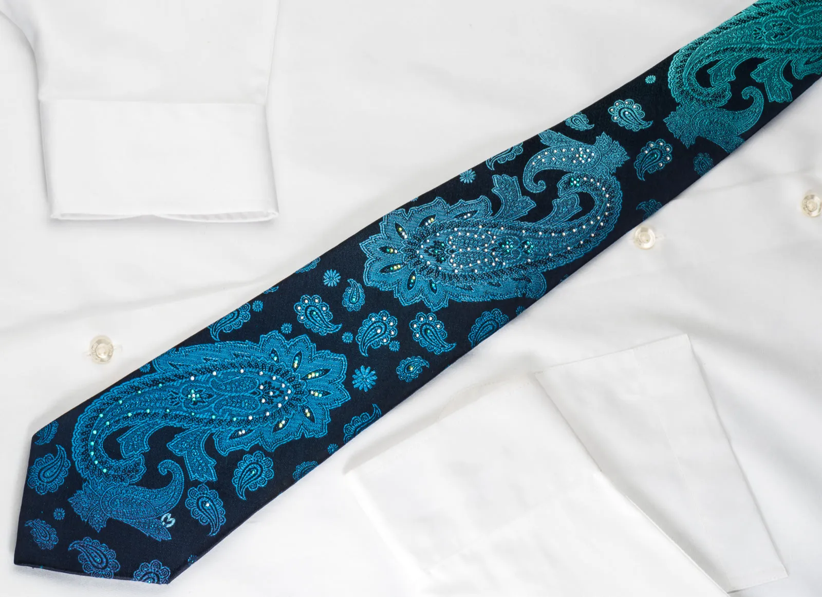 Mila Schon Rhinestone Tie Ornate Turquoise Paisley On Blue
