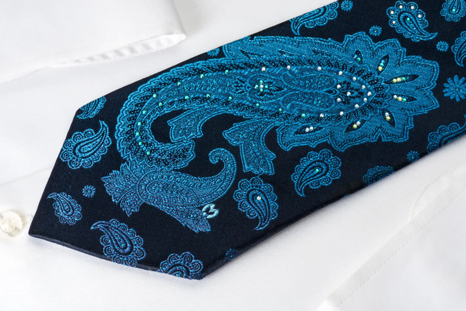 Mila Schon Rhinestone Tie Ornate Turquoise Paisley On Blue