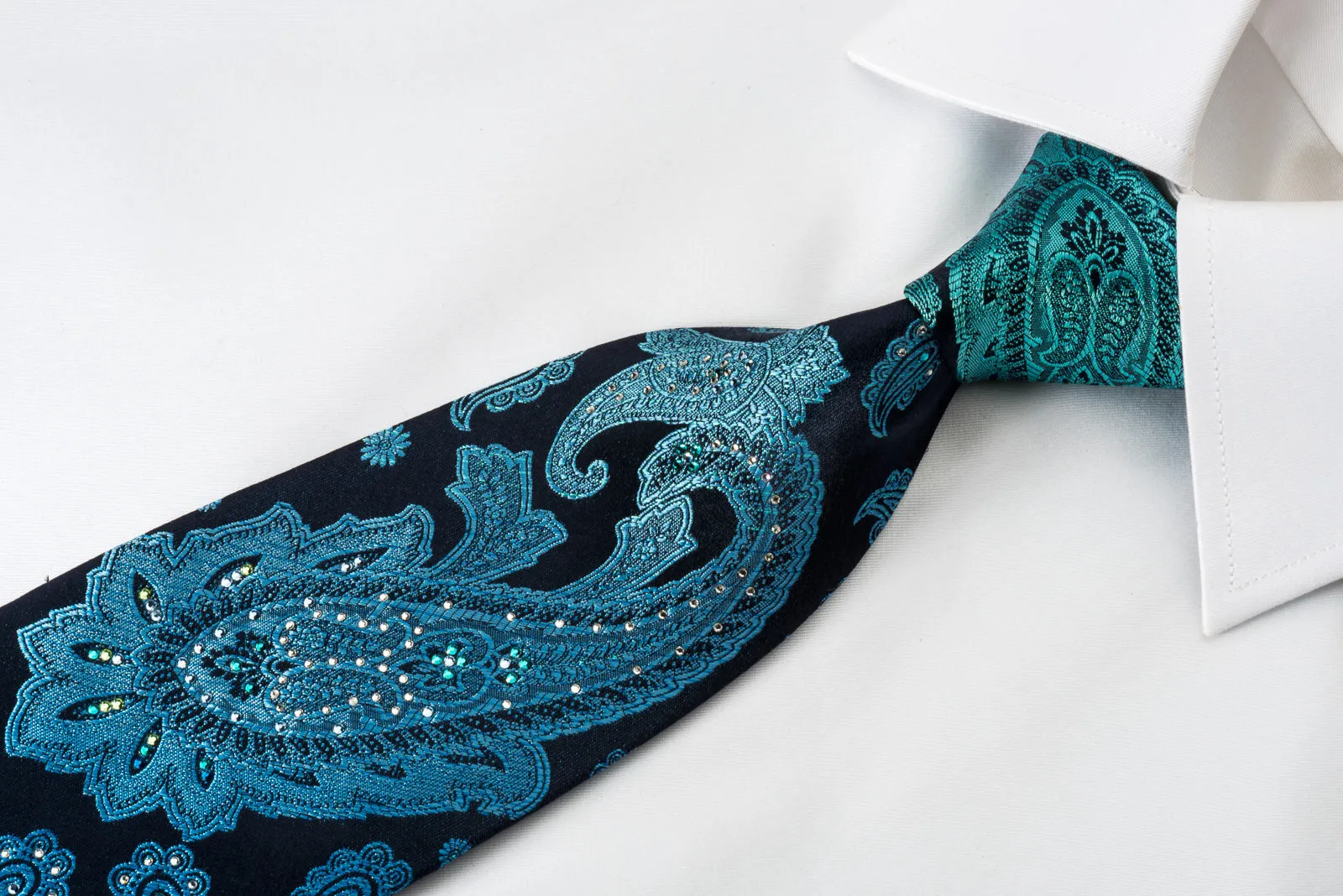 Mila Schon Rhinestone Tie Ornate Turquoise Paisley On Blue