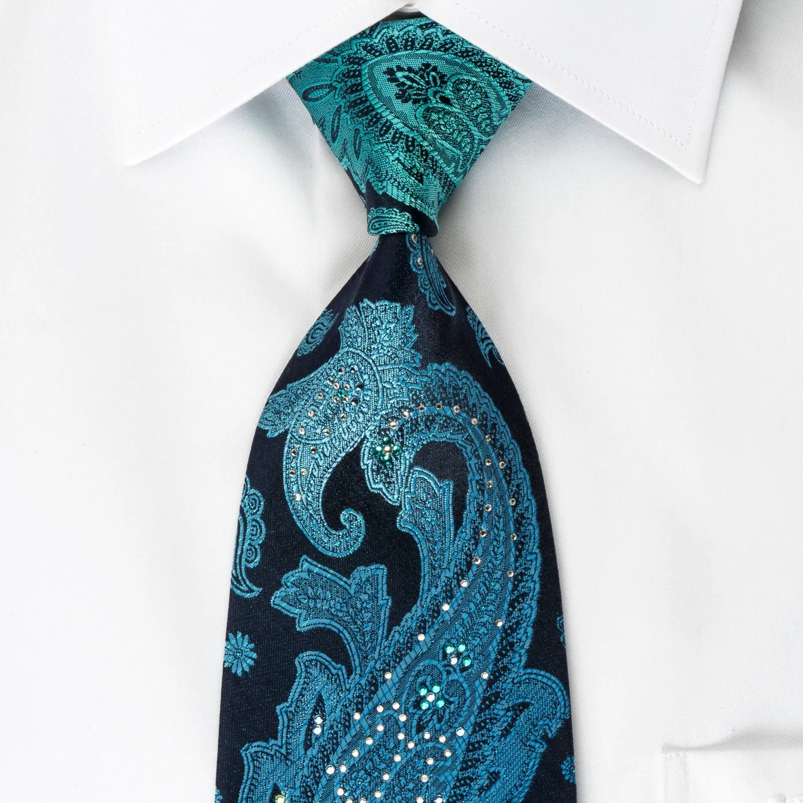 Mila Schon Rhinestone Tie Ornate Turquoise Paisley On Blue
