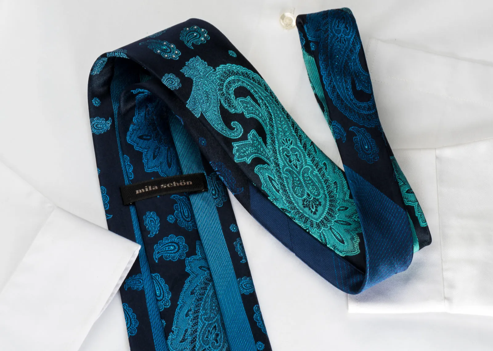 Mila Schon Rhinestone Tie Ornate Turquoise Paisley On Blue