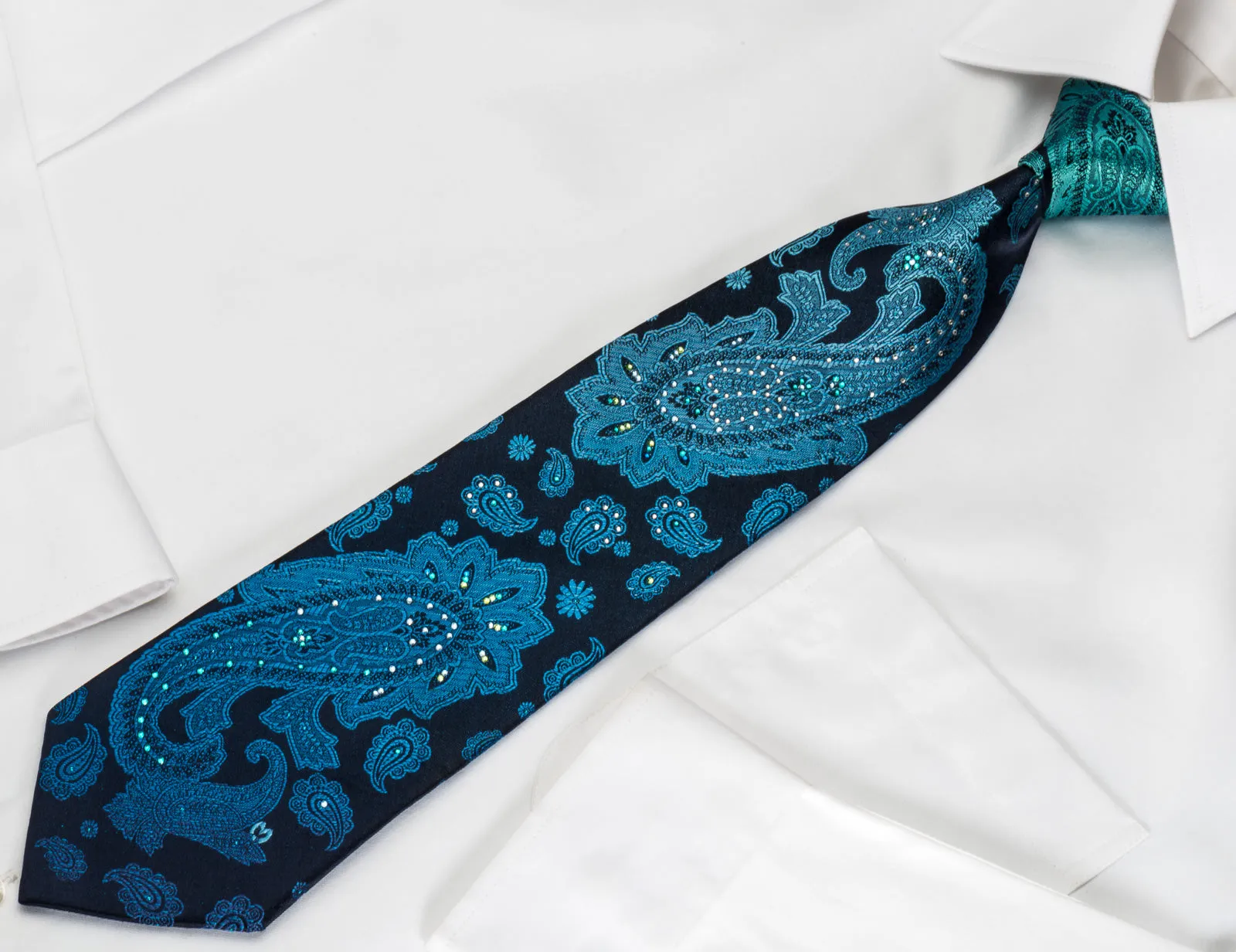 Mila Schon Rhinestone Tie Ornate Turquoise Paisley On Blue