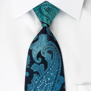 Mila Schon Rhinestone Tie Ornate Turquoise Paisley On Blue