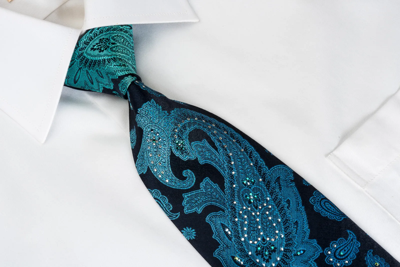 Mila Schon Rhinestone Tie Ornate Turquoise Paisley On Blue