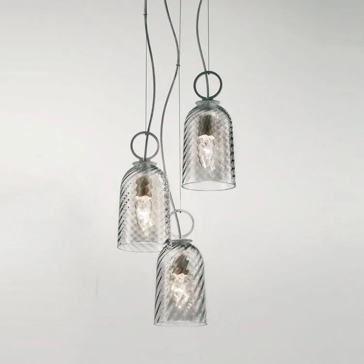 Modern Triple Cluster Pendant Light In Clear Or Amber Murano Glass