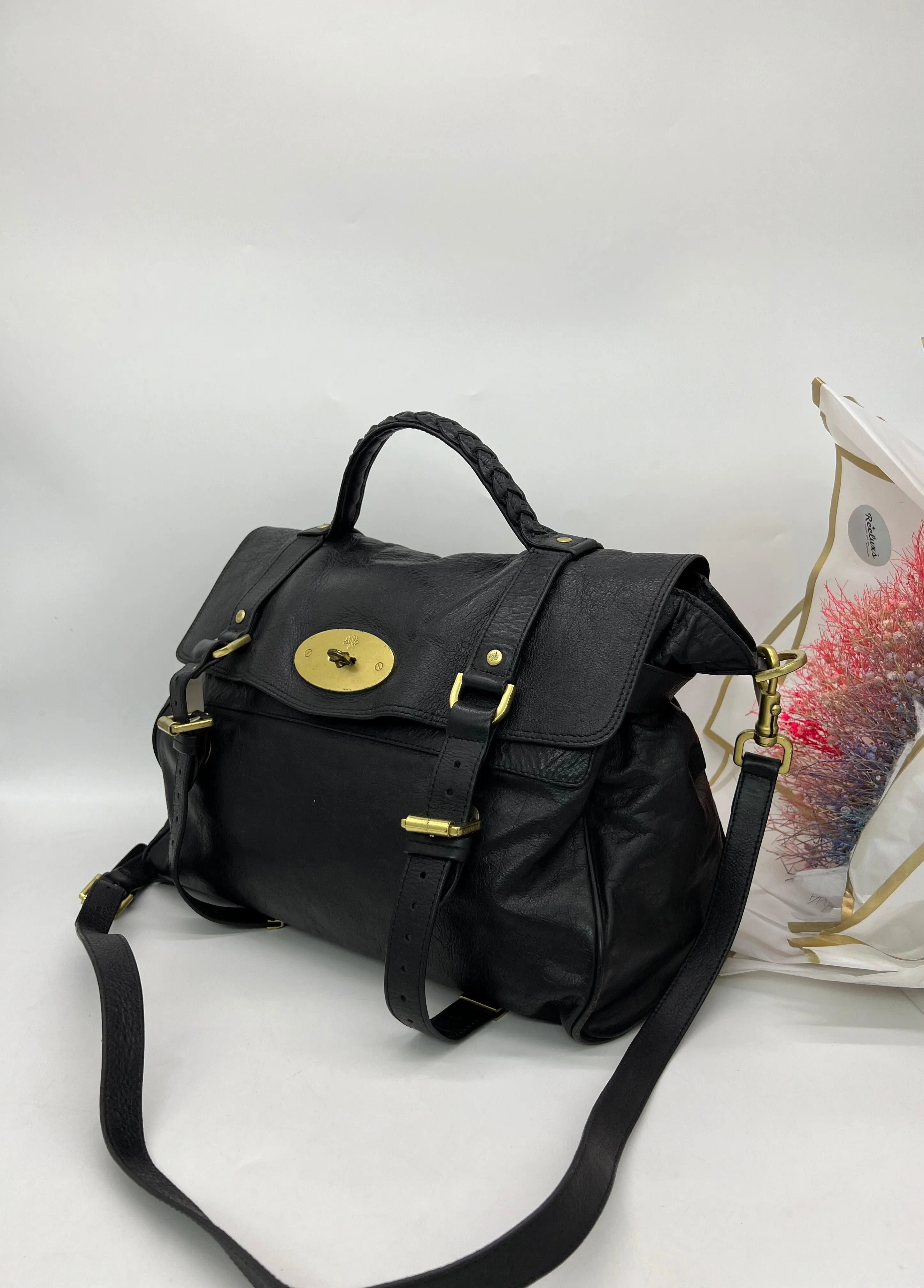 MULBERRYBlack Leather Oversized Alexa Top Handle Shoulder Bag