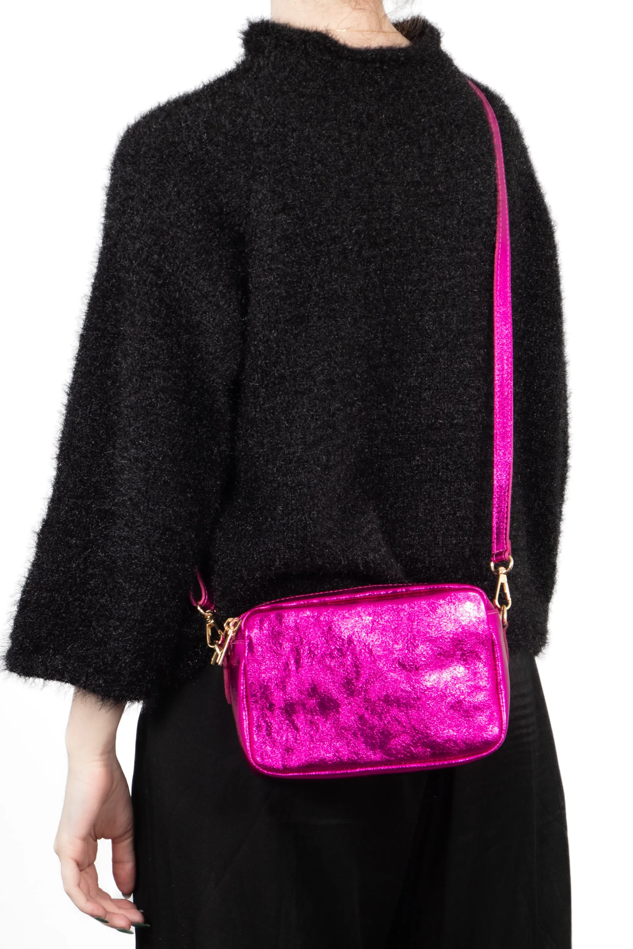 Naomi - Italian Leather Crossbody Bag - Raspberry, Metallic