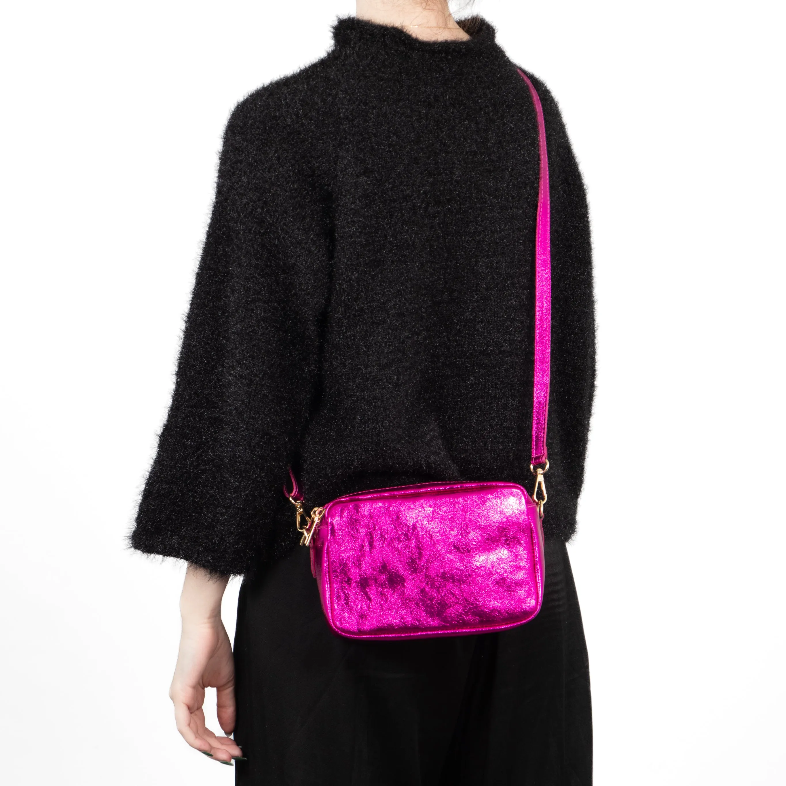 Naomi - Italian Leather Crossbody Bag - Raspberry, Metallic