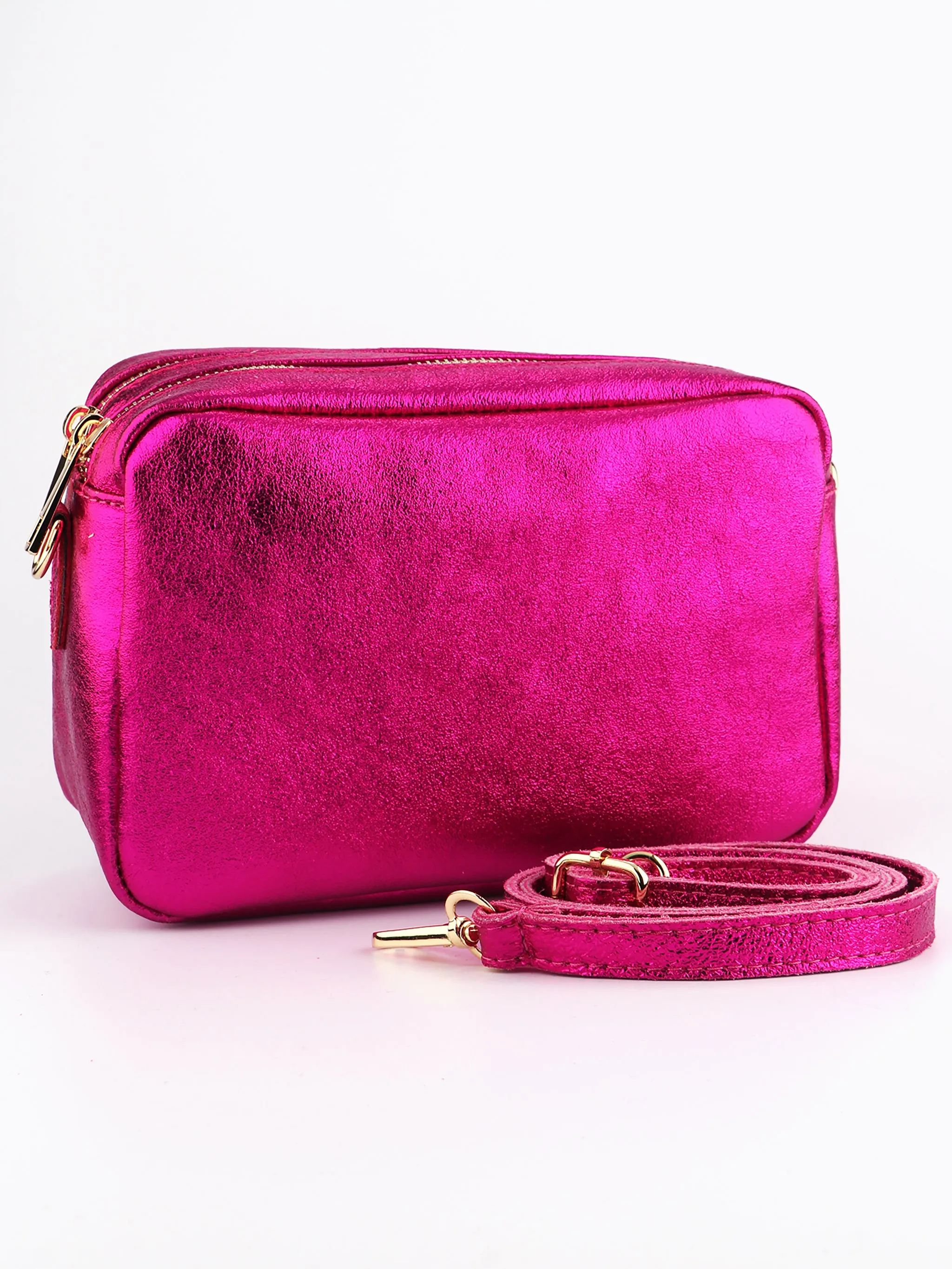 Naomi - Italian Leather Crossbody Bag - Raspberry, Metallic