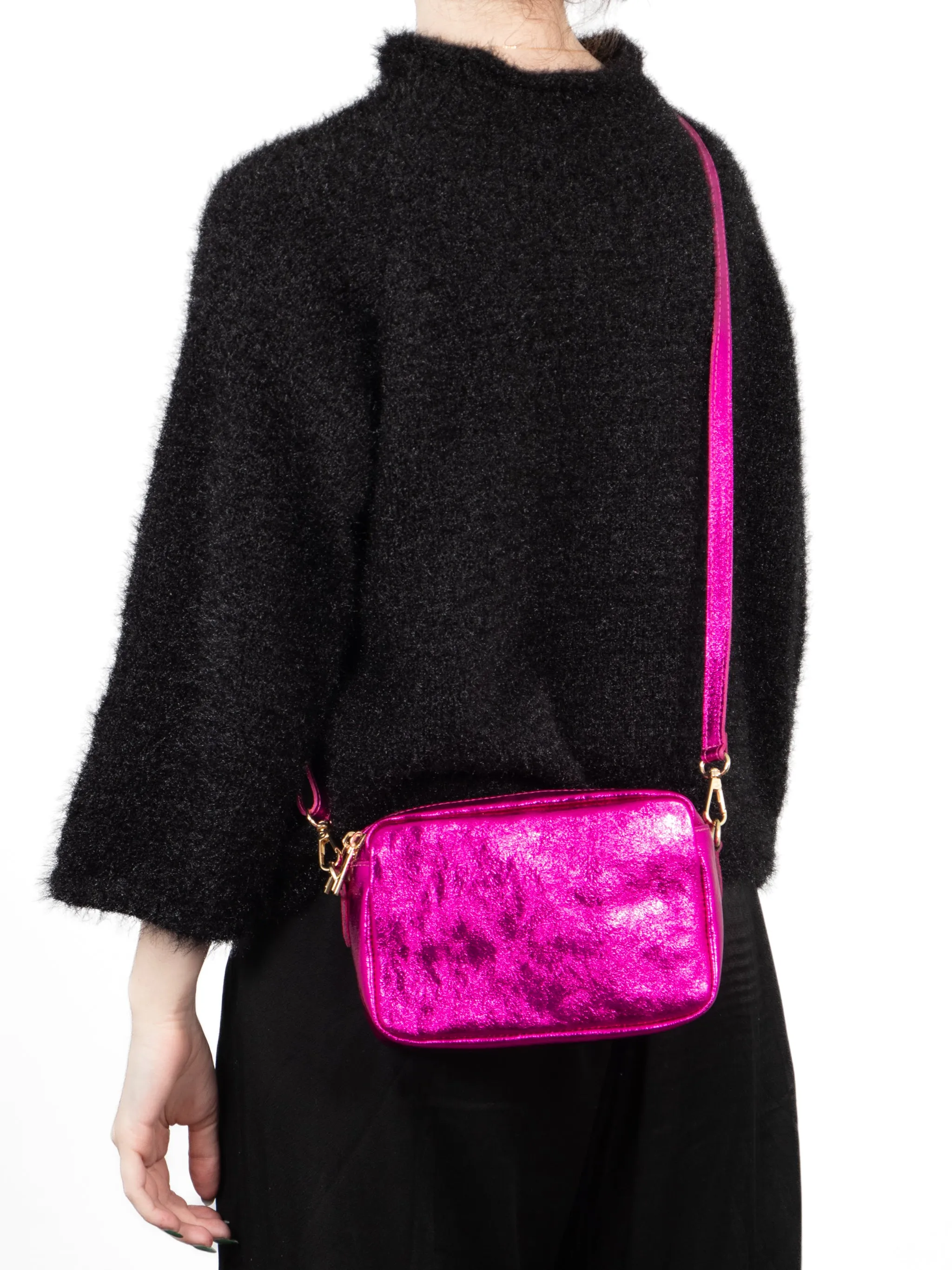Naomi - Italian Leather Crossbody Bag - Raspberry, Metallic