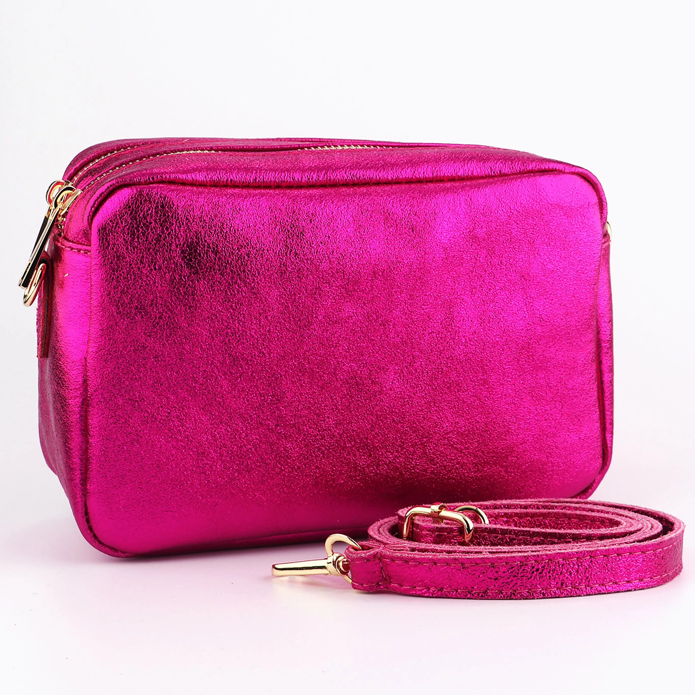 Naomi - Italian Leather Crossbody Bag - Raspberry, Metallic