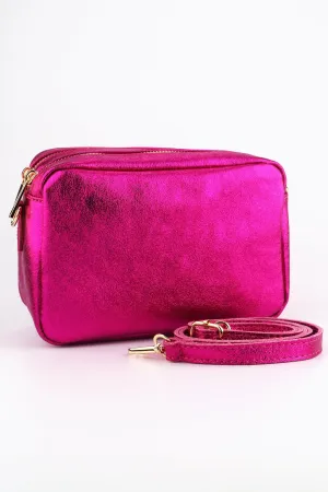 Naomi - Italian Leather Crossbody Bag - Raspberry, Metallic