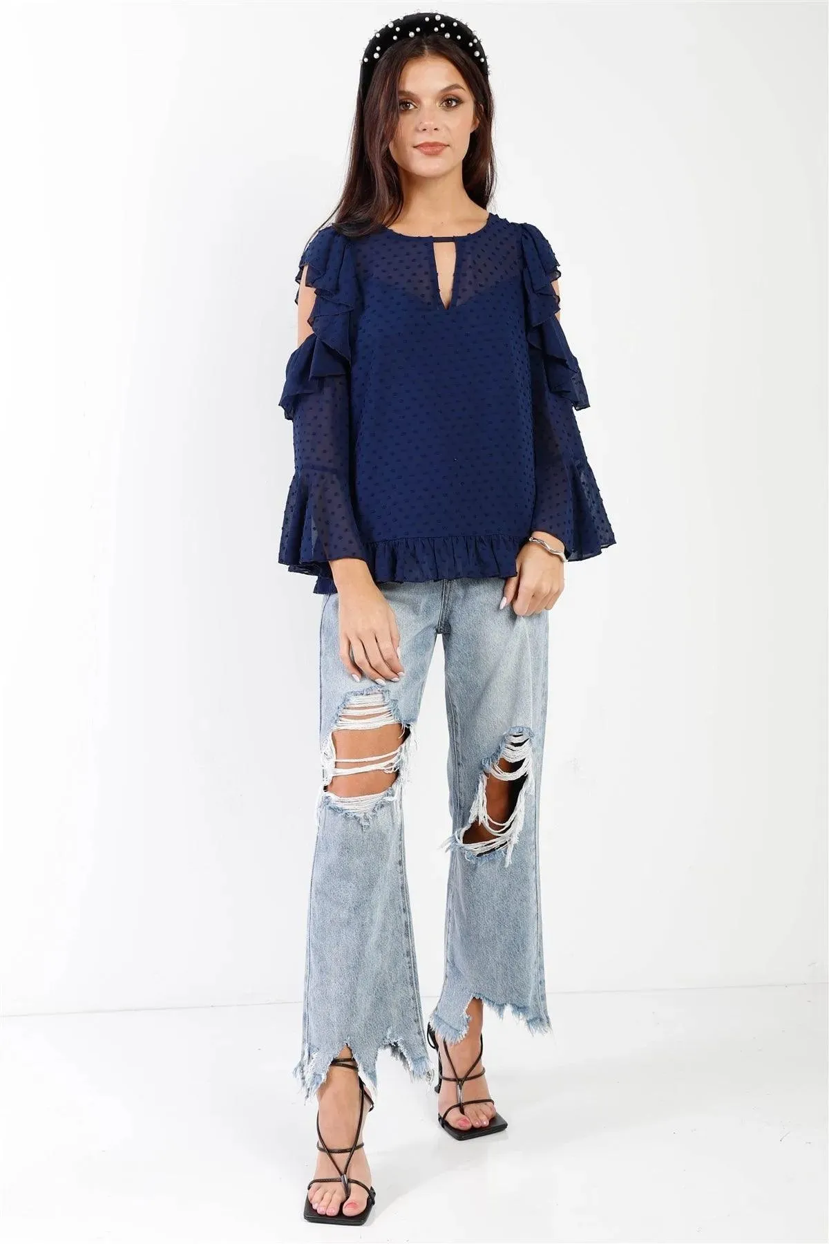 Navy Polka Dot Mesh Ruffle Cut-Out Details Top