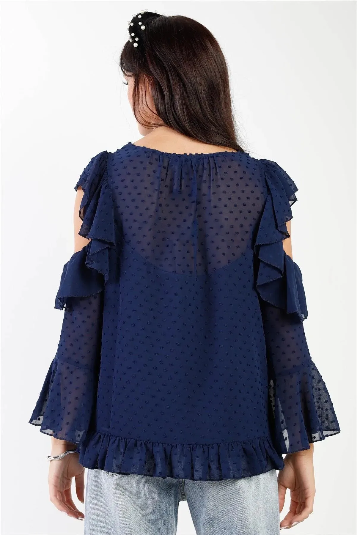 Navy Polka Dot Mesh Ruffle Cut-Out Details Top