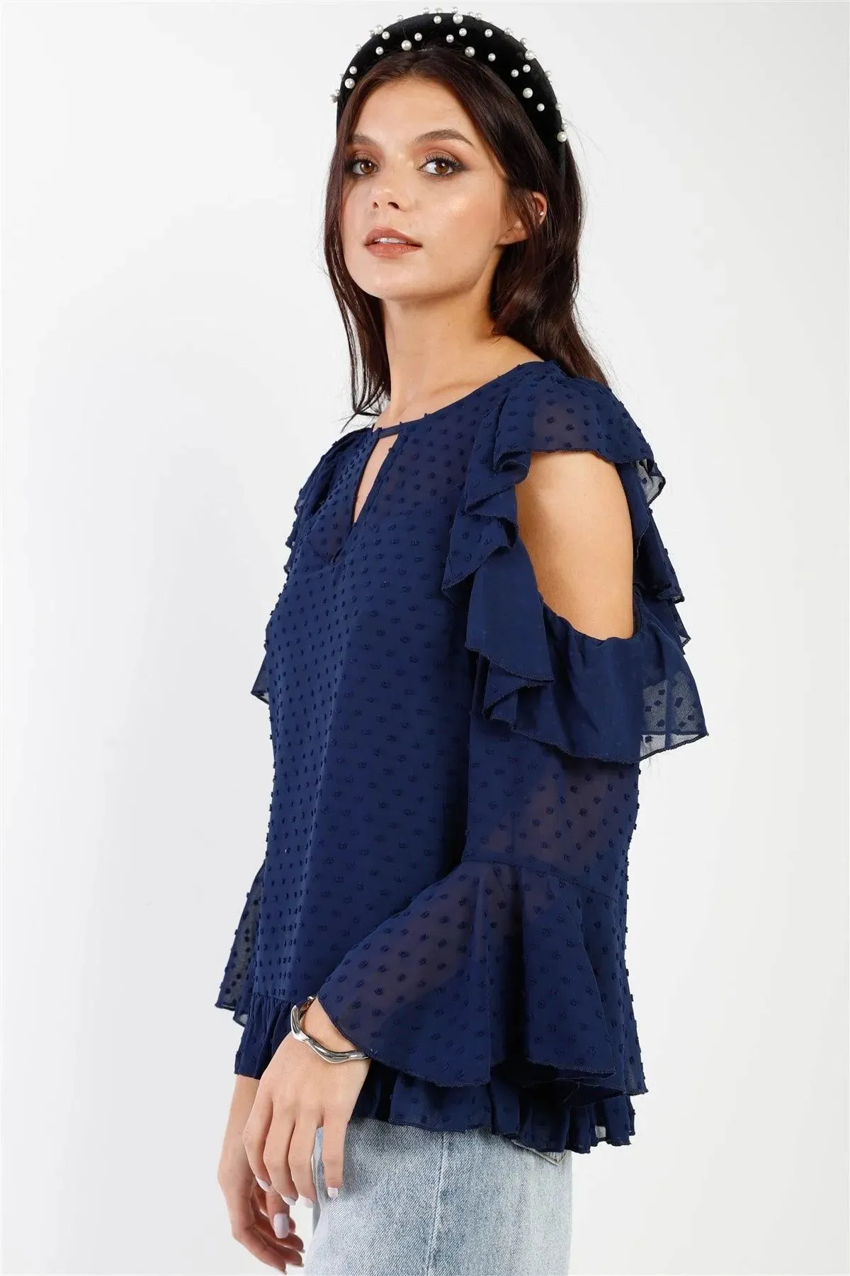 Navy Polka Dot Mesh Ruffle Cut-Out Details Top