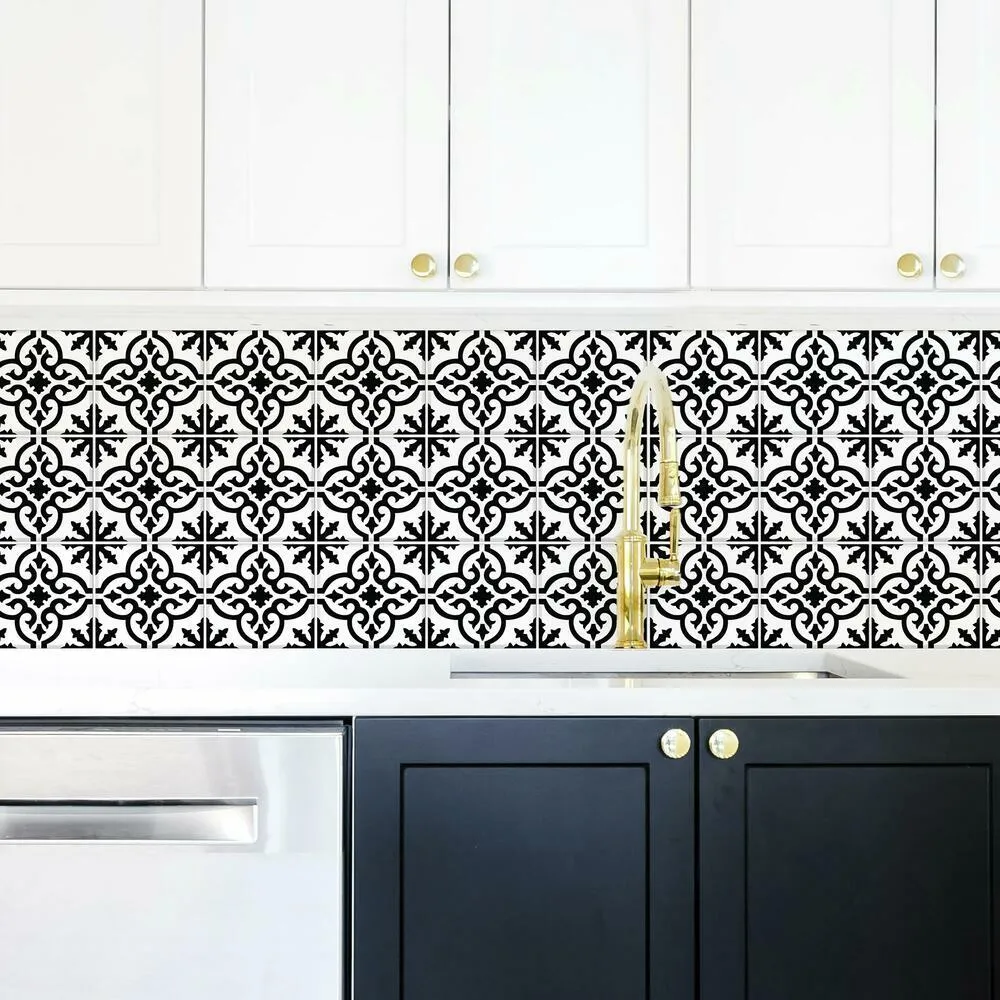 Ornate Black and White Tile Backsplash Peel and Stick Giant Wall Decals