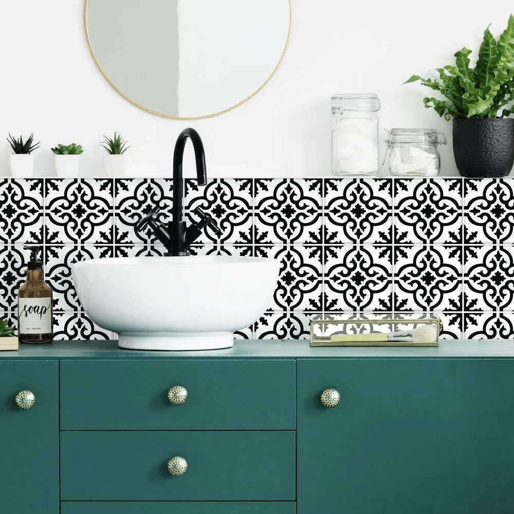Ornate Black and White Tile Backsplash Peel and Stick Giant Wall Decals