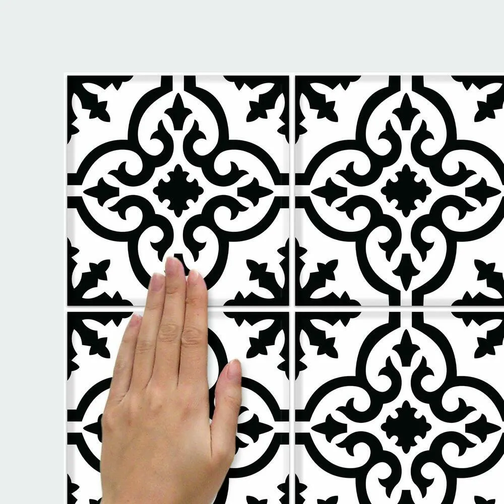 Ornate Black and White Tile Backsplash Peel and Stick Giant Wall Decals