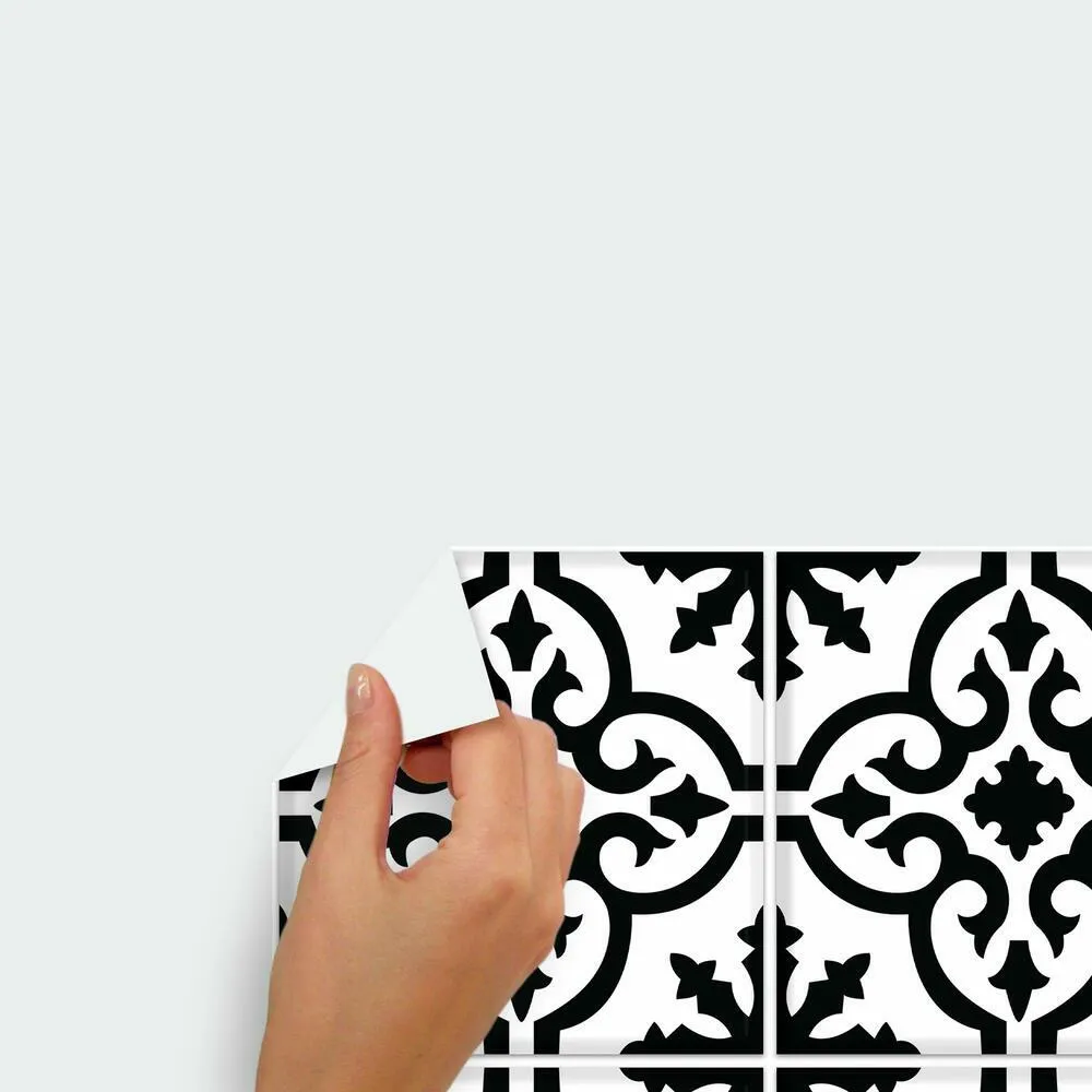 Ornate Black and White Tile Backsplash Peel and Stick Giant Wall Decals