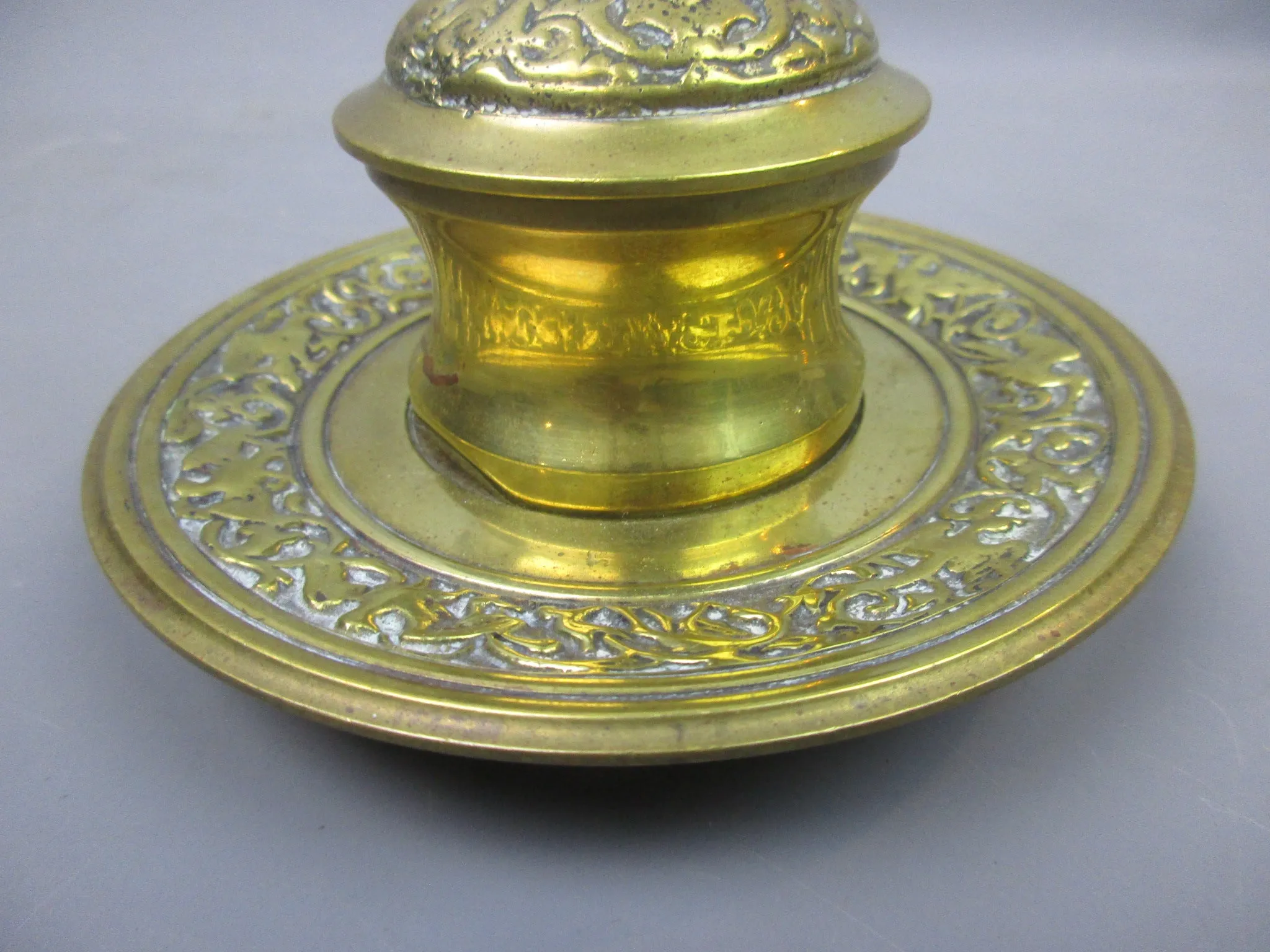 Ornate Scrolled Design Brass Inkwell Antique Victorian c1890