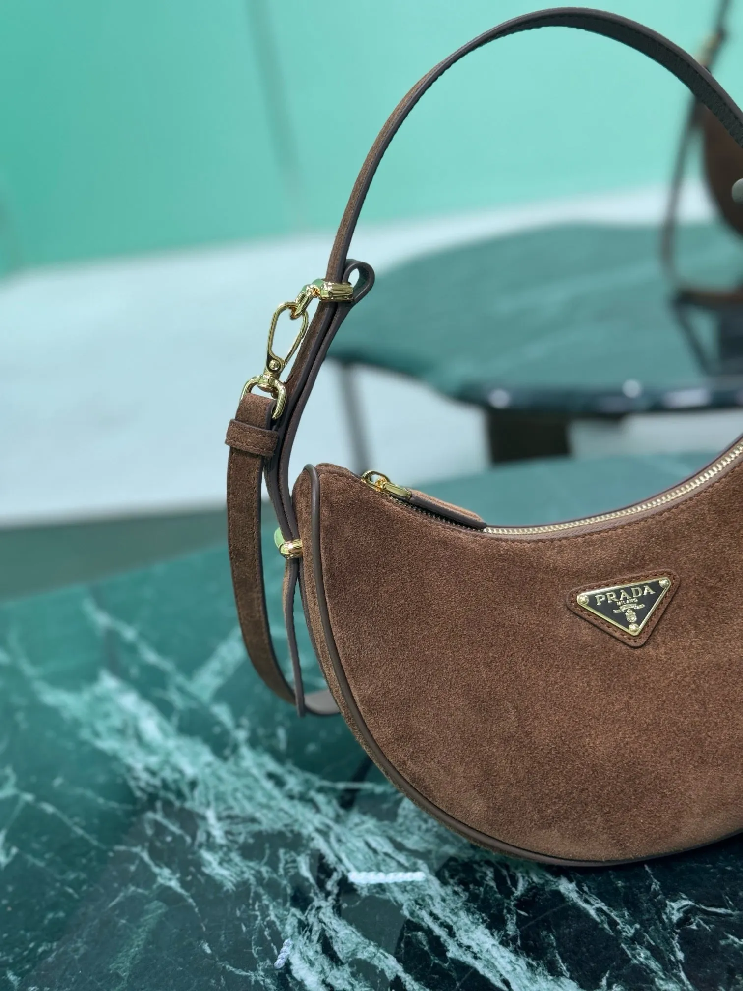 PD316 Prada Arqué Suede Shoulder Bag / HIGHEST QUALITY VERSION / 8.8x7.3x2.5inch