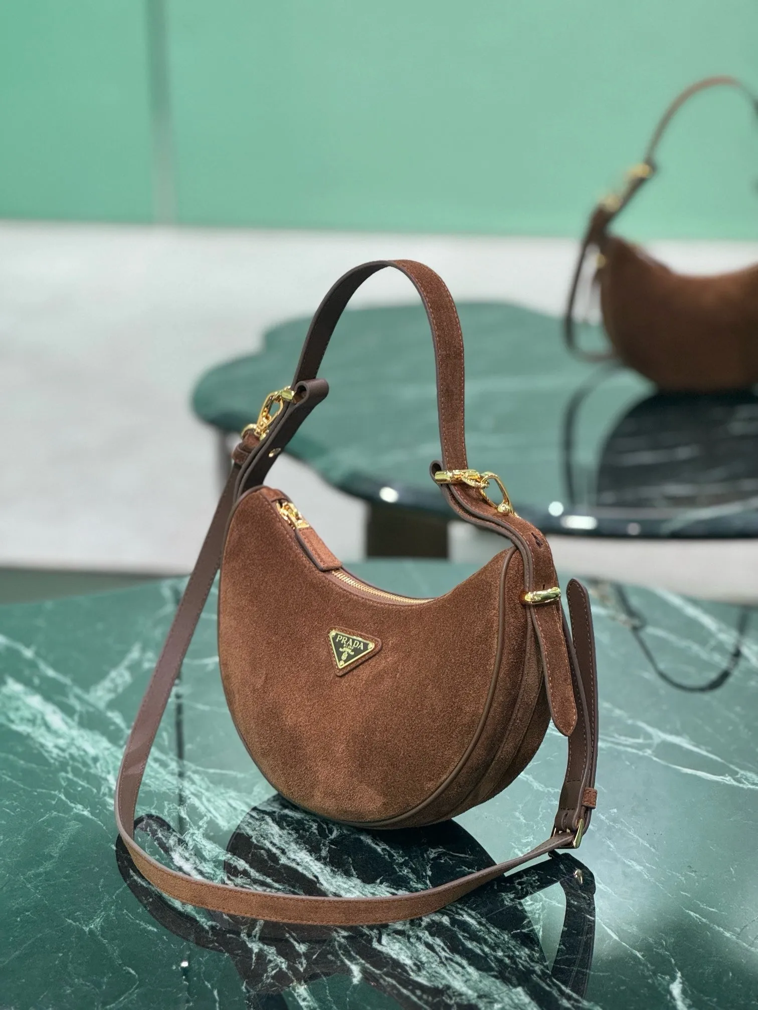 PD316 Prada Arqué Suede Shoulder Bag / HIGHEST QUALITY VERSION / 8.8x7.3x2.5inch