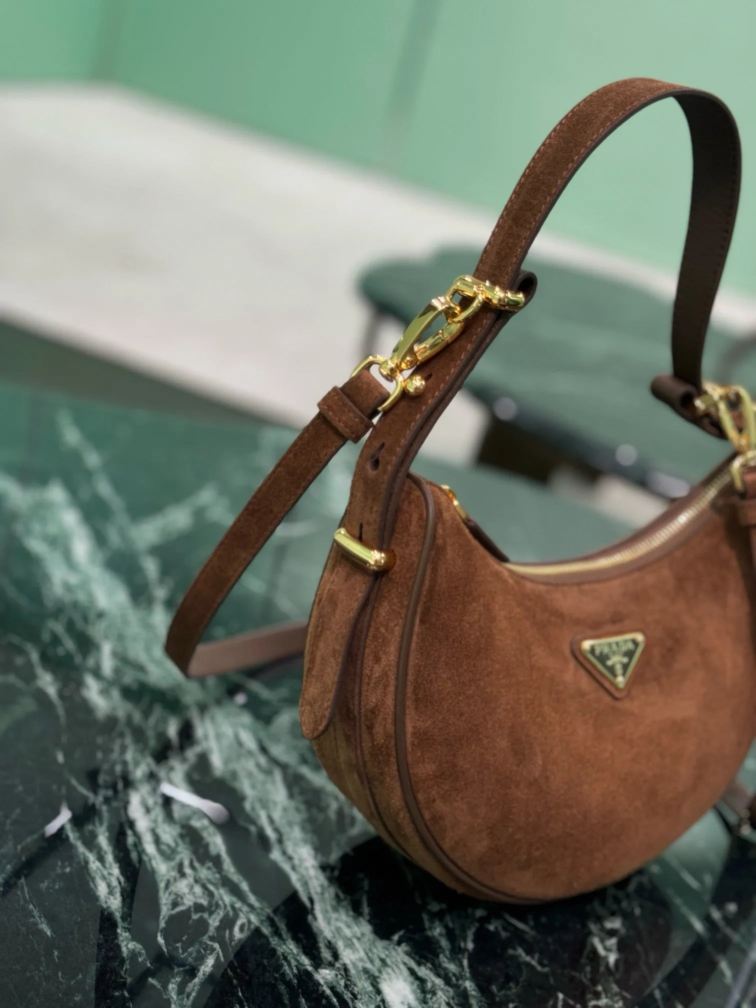 PD316 Prada Arqué Suede Shoulder Bag / HIGHEST QUALITY VERSION / 8.8x7.3x2.5inch