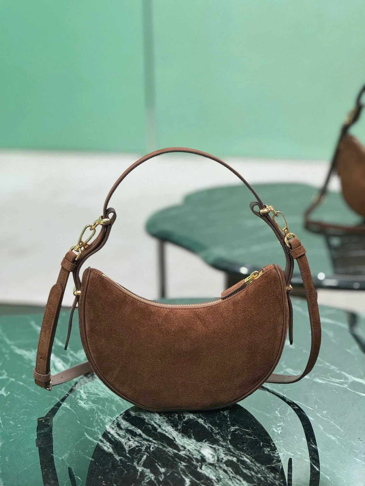 PD316 Prada Arqué Suede Shoulder Bag / HIGHEST QUALITY VERSION / 8.8x7.3x2.5inch