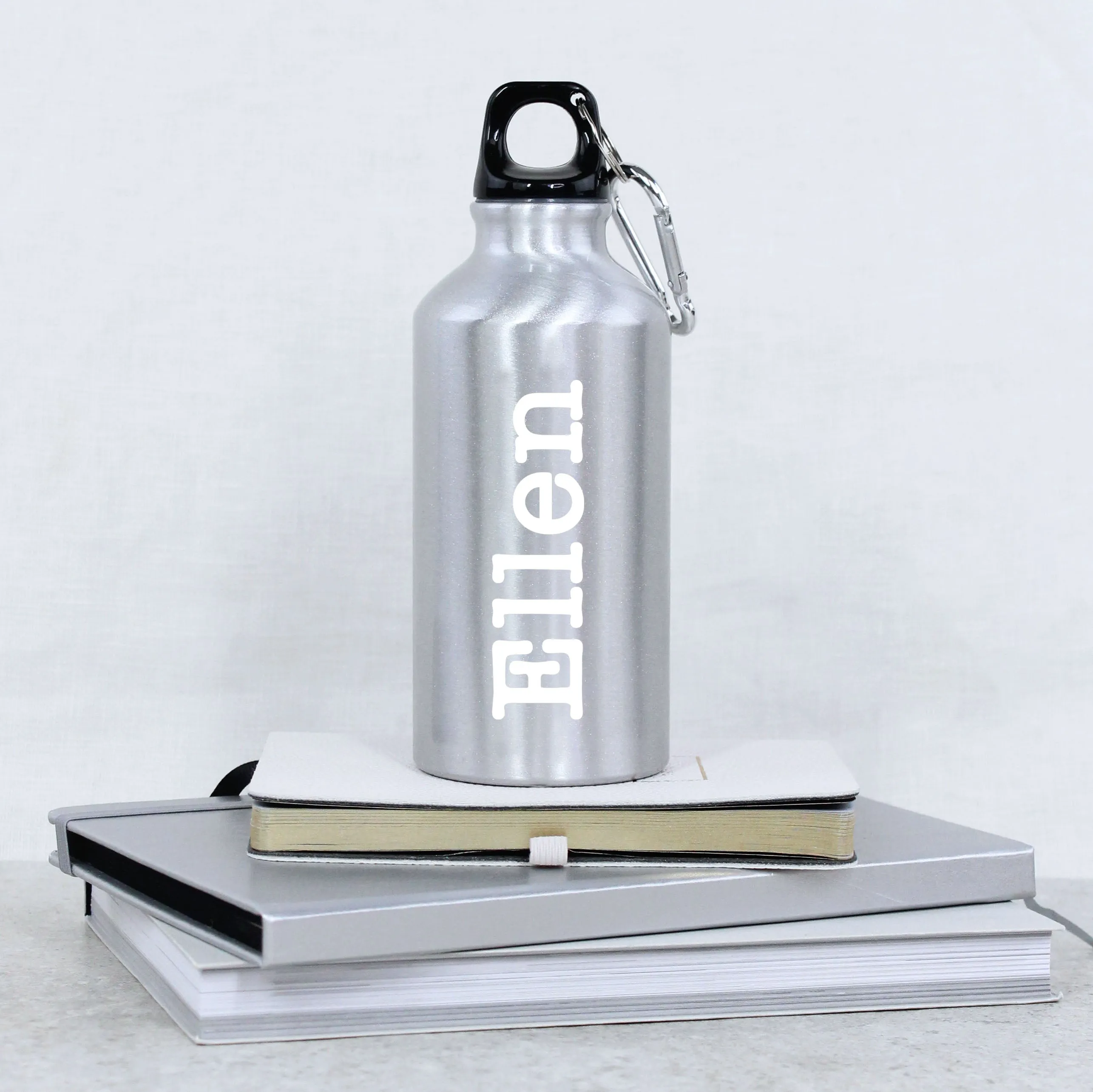 Personalised Children's Silver Metal Water Bottle with Carabiner Clip