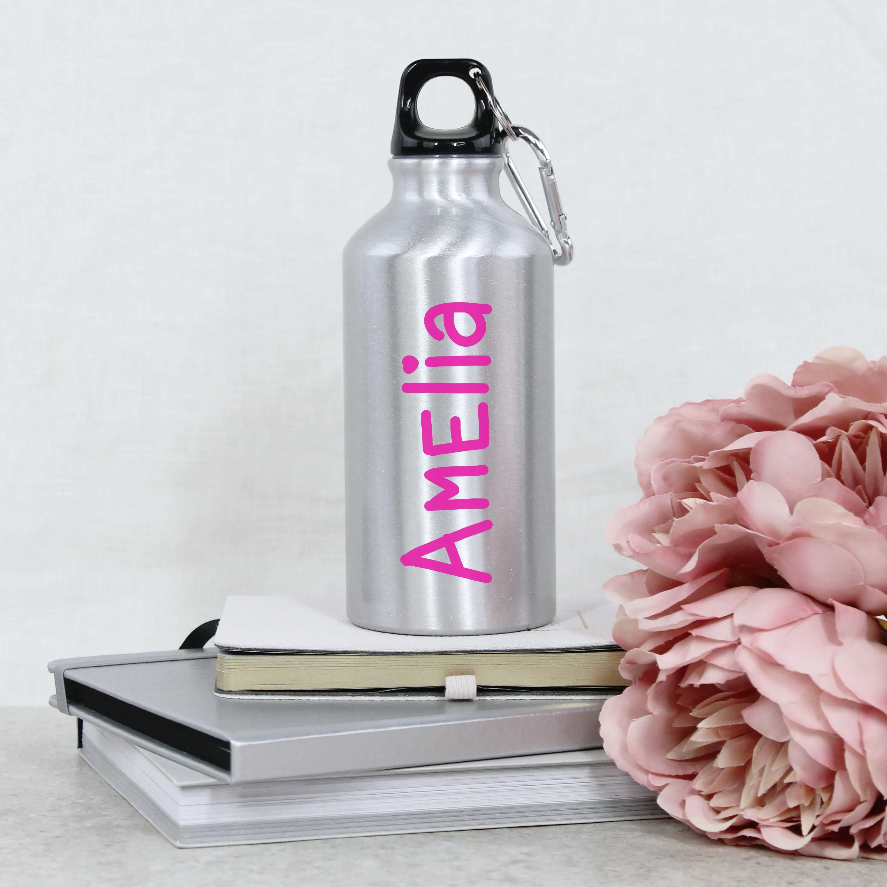 Personalised Children's Silver Metal Water Bottle with Carabiner Clip