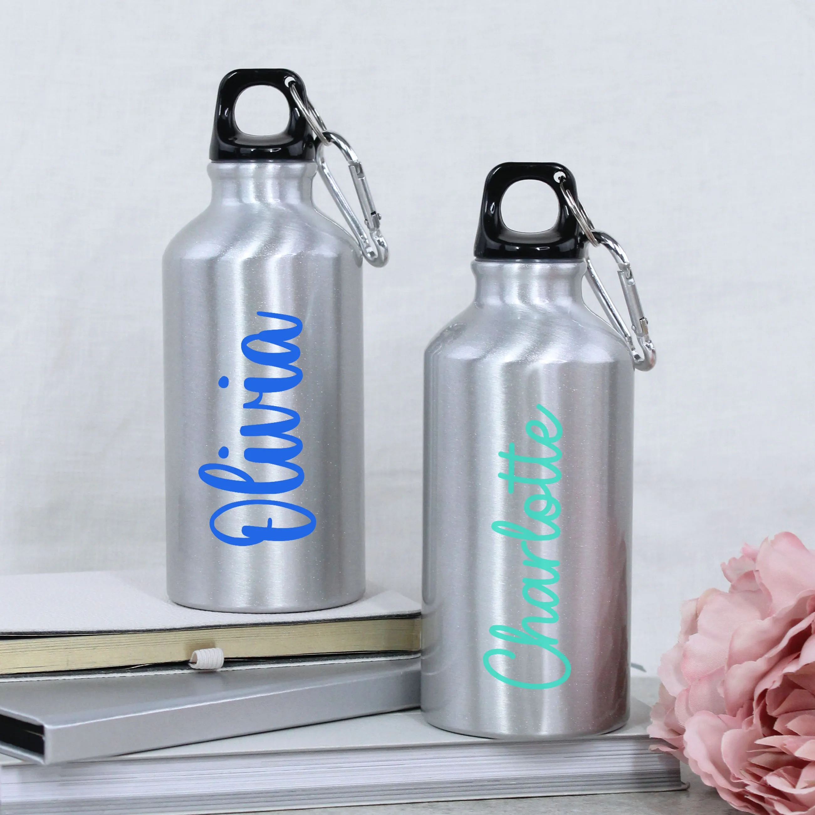 Personalised Children's Silver Metal Water Bottle with Carabiner Clip