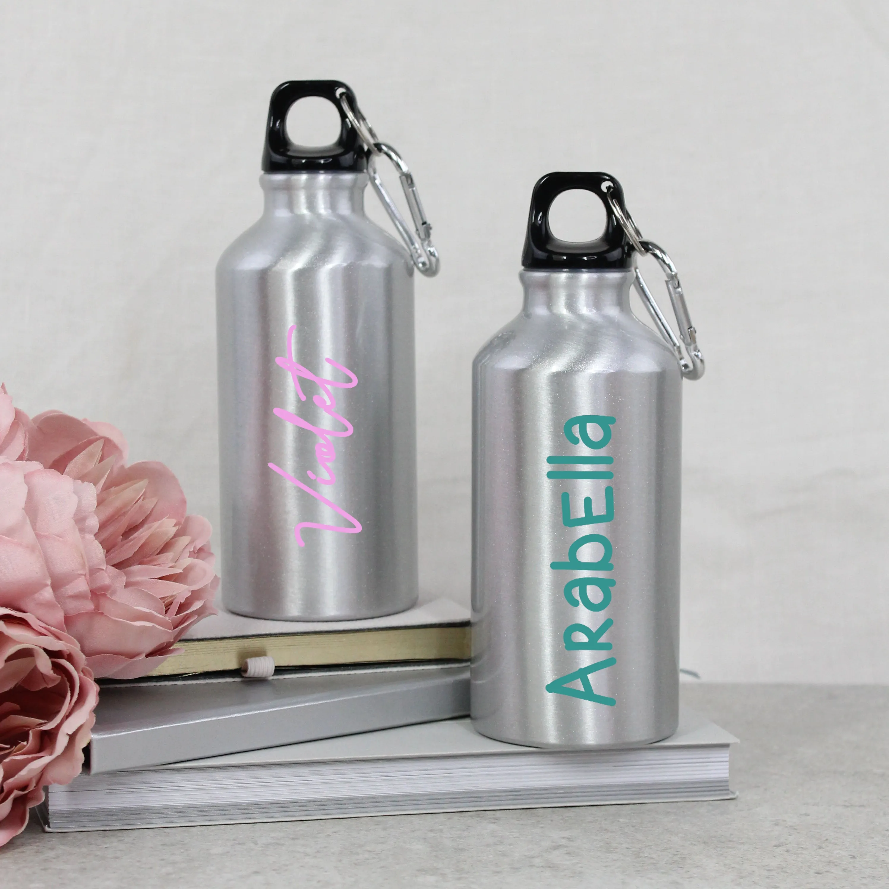 Personalised Children's Silver Metal Water Bottle with Carabiner Clip
