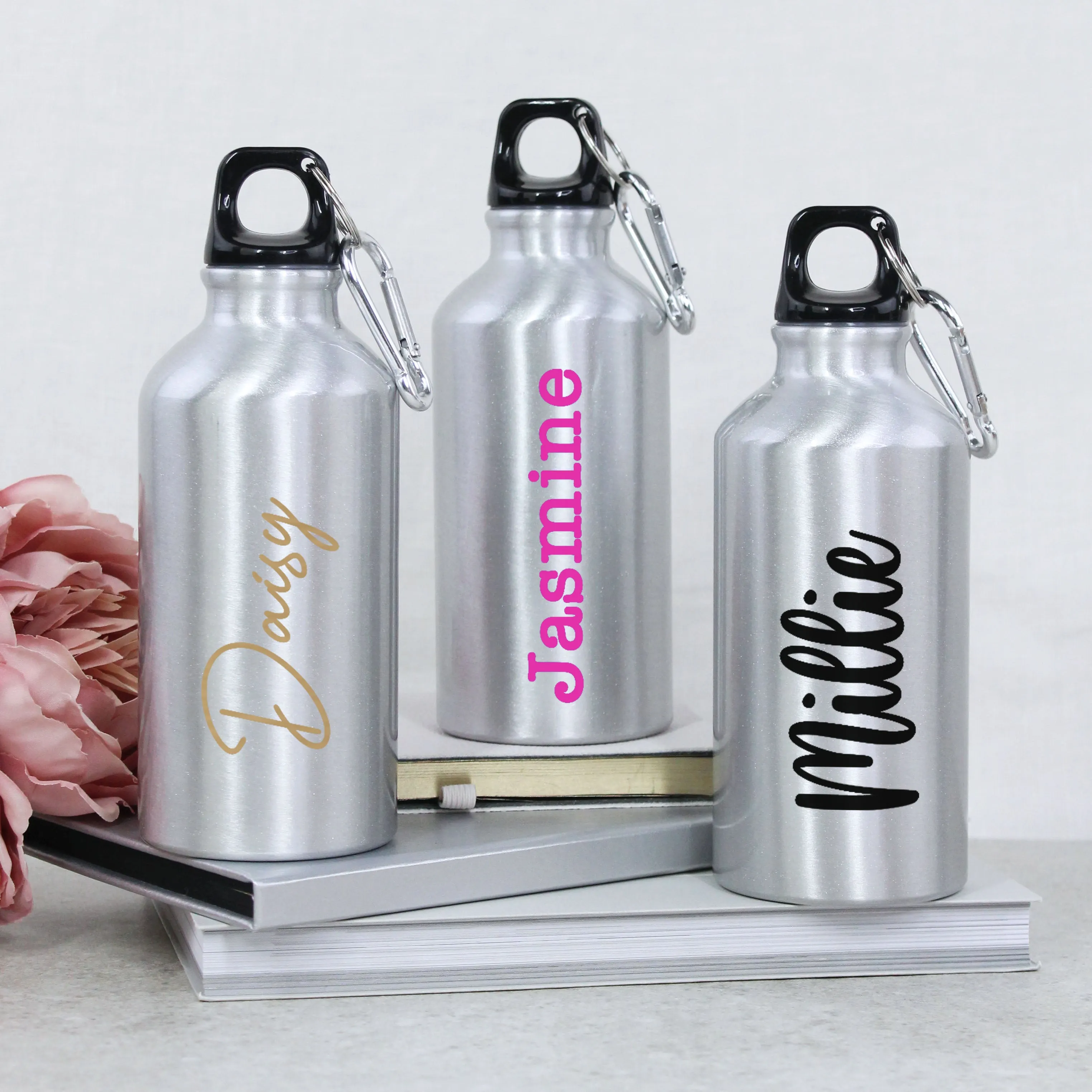 Personalised Children's Silver Metal Water Bottle with Carabiner Clip
