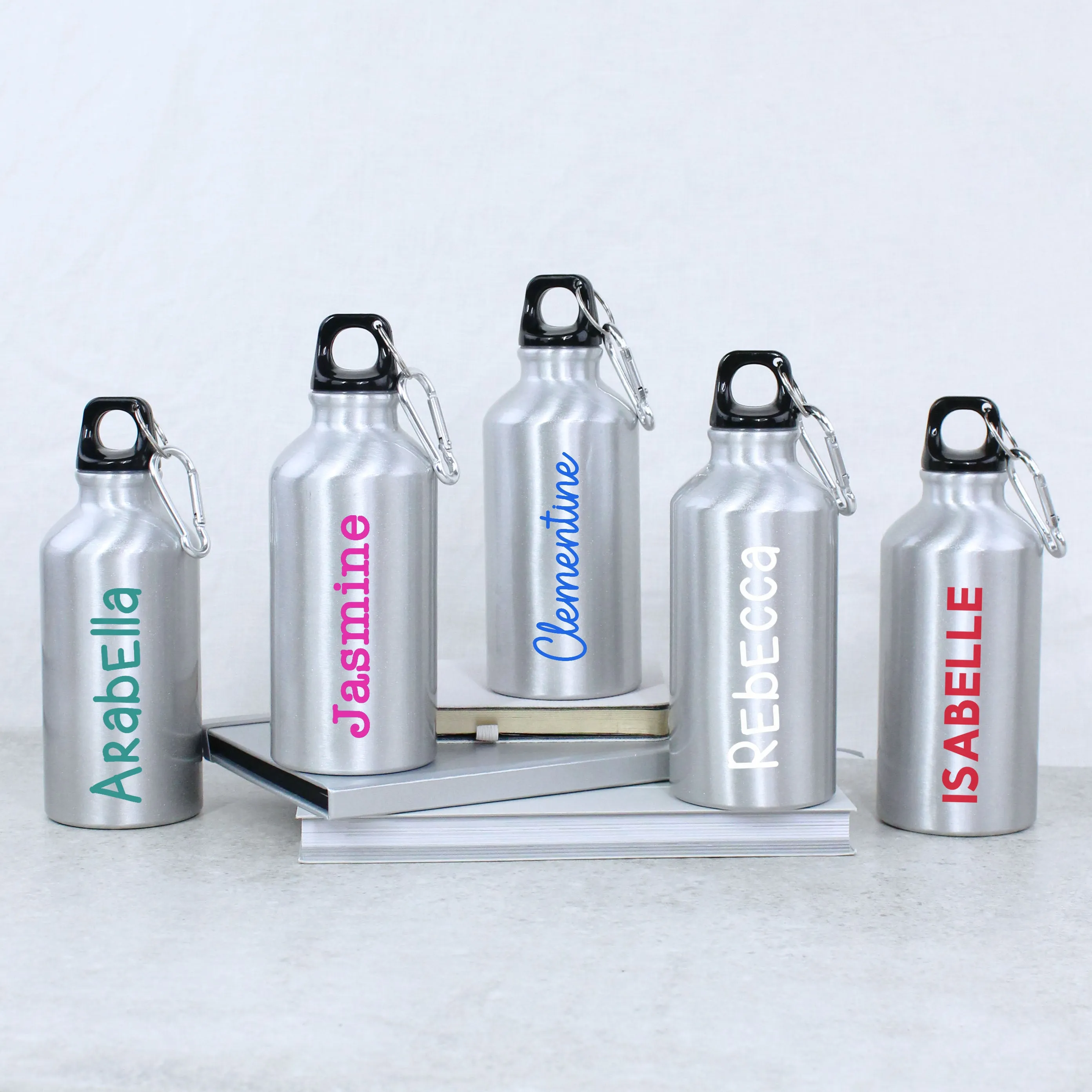 Personalised Children's Silver Metal Water Bottle with Carabiner Clip