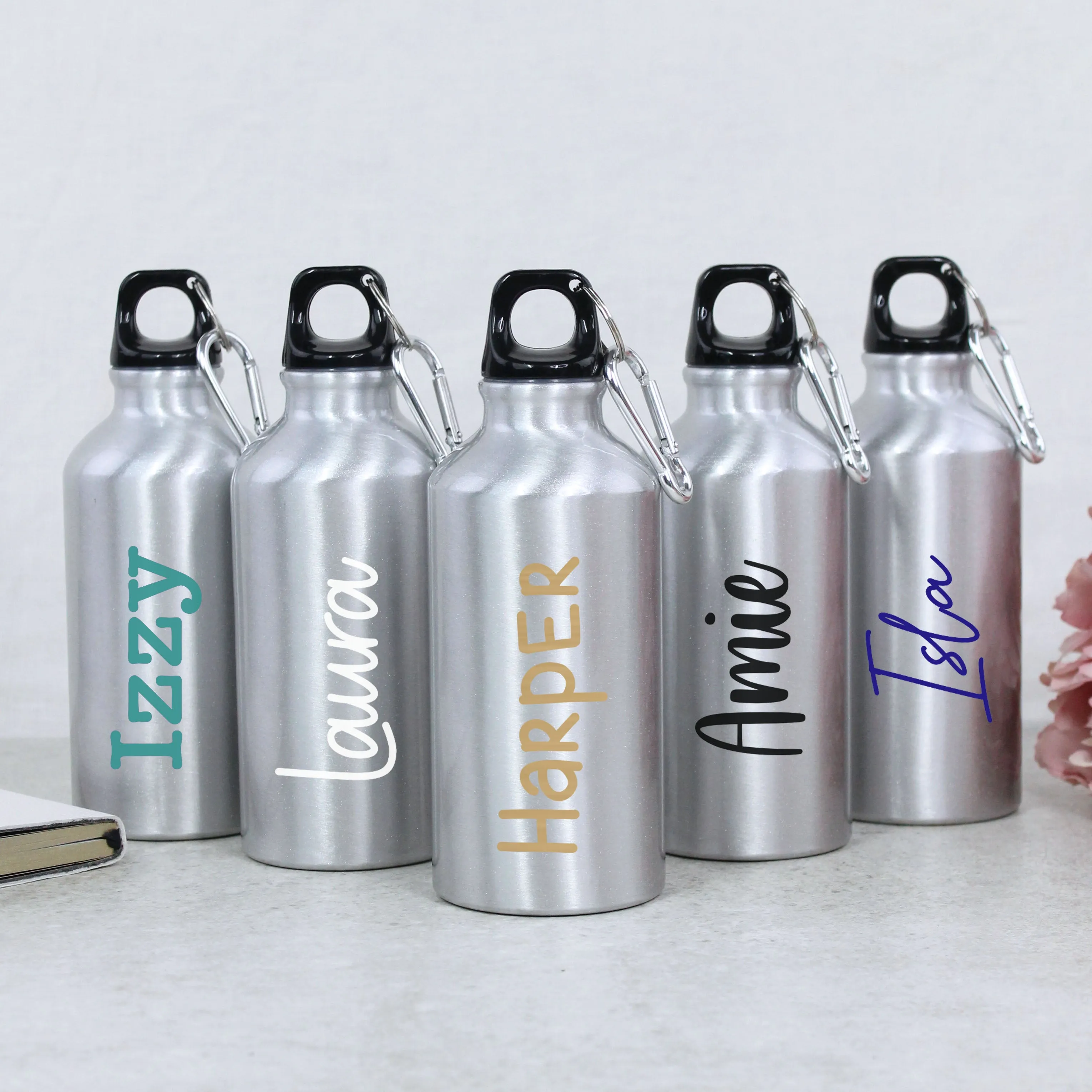 Personalised Children's Silver Metal Water Bottle with Carabiner Clip
