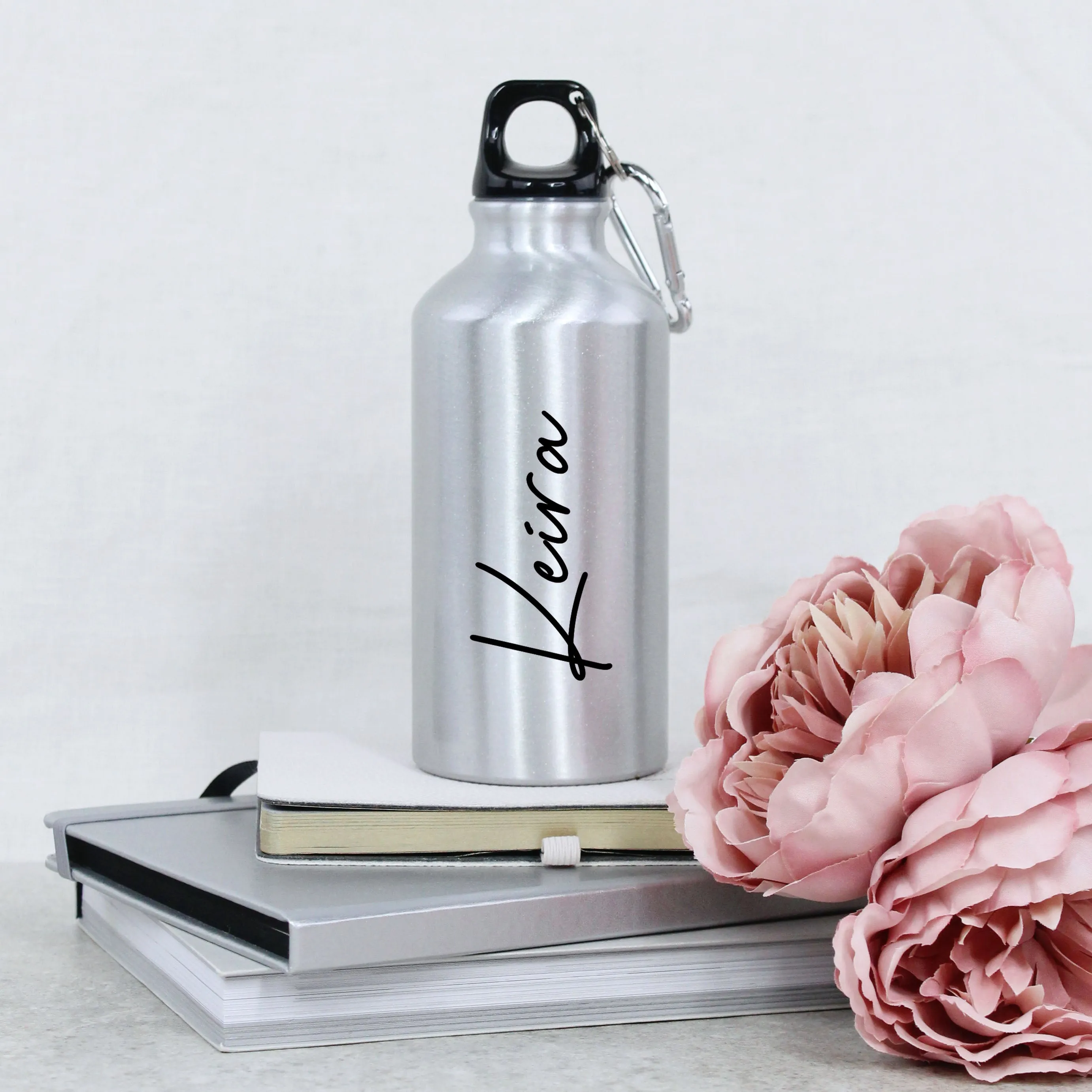 Personalised Children's Silver Metal Water Bottle with Carabiner Clip