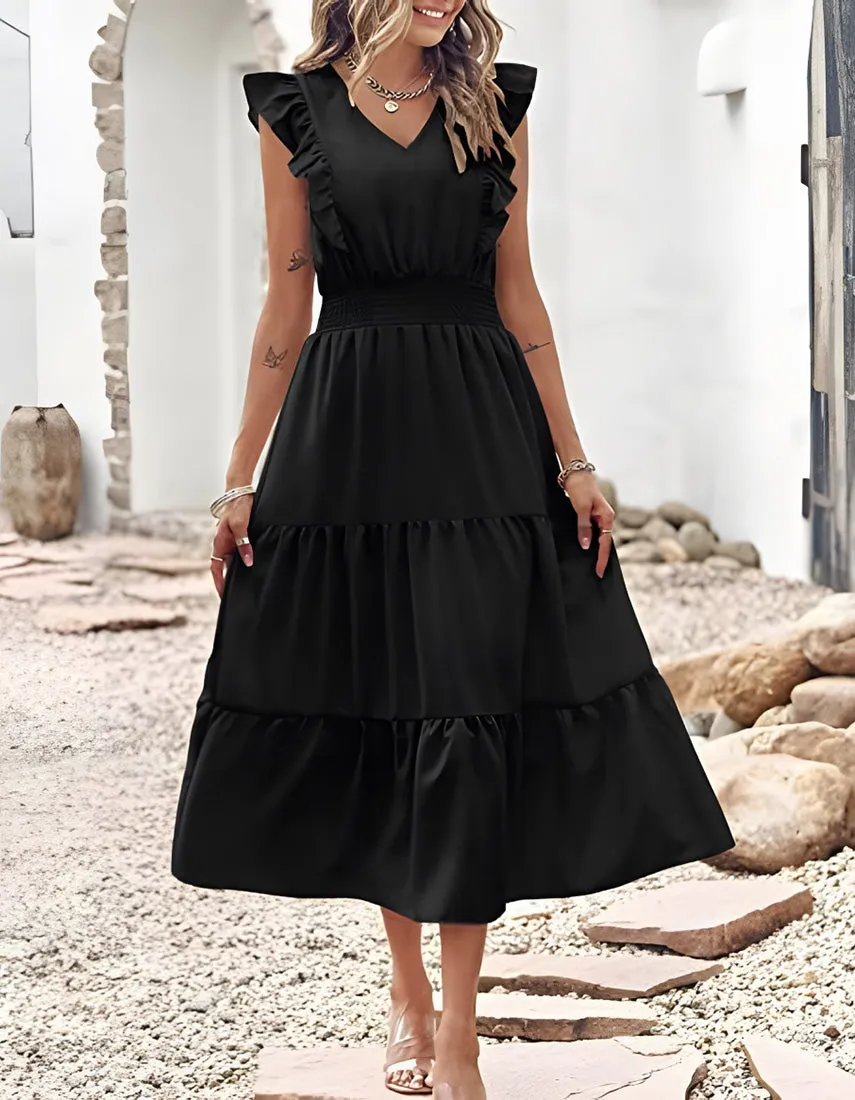 Plain Sleeveless V-Neck Midi Pleated A Line Dresses