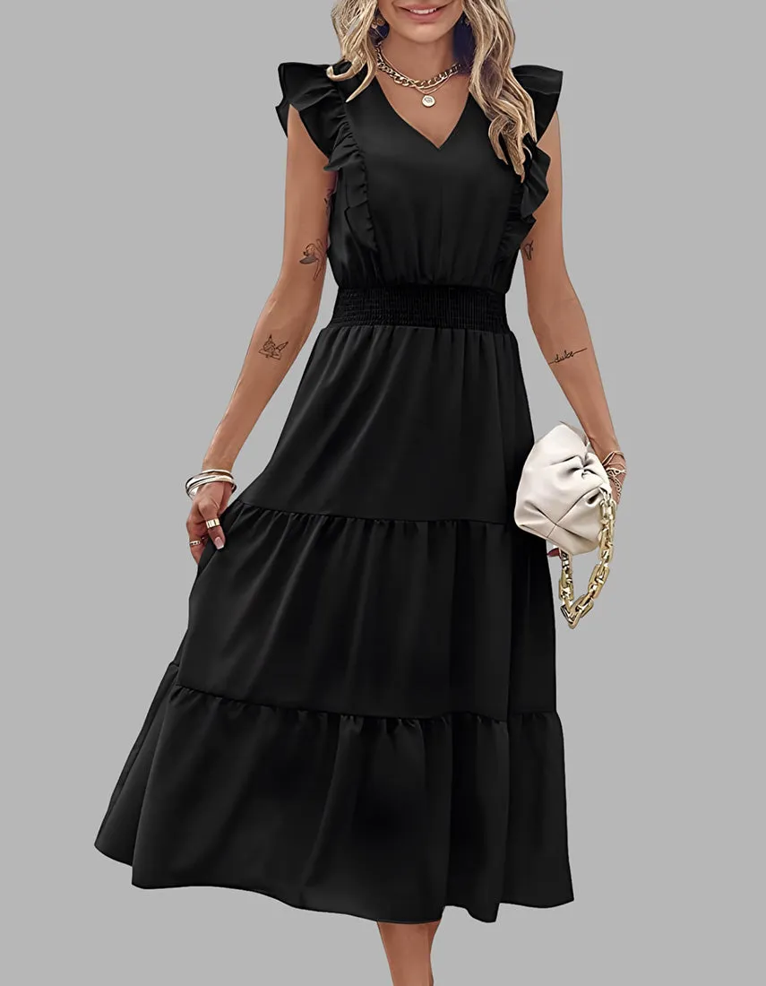 Plain Sleeveless V-Neck Midi Pleated A Line Dresses