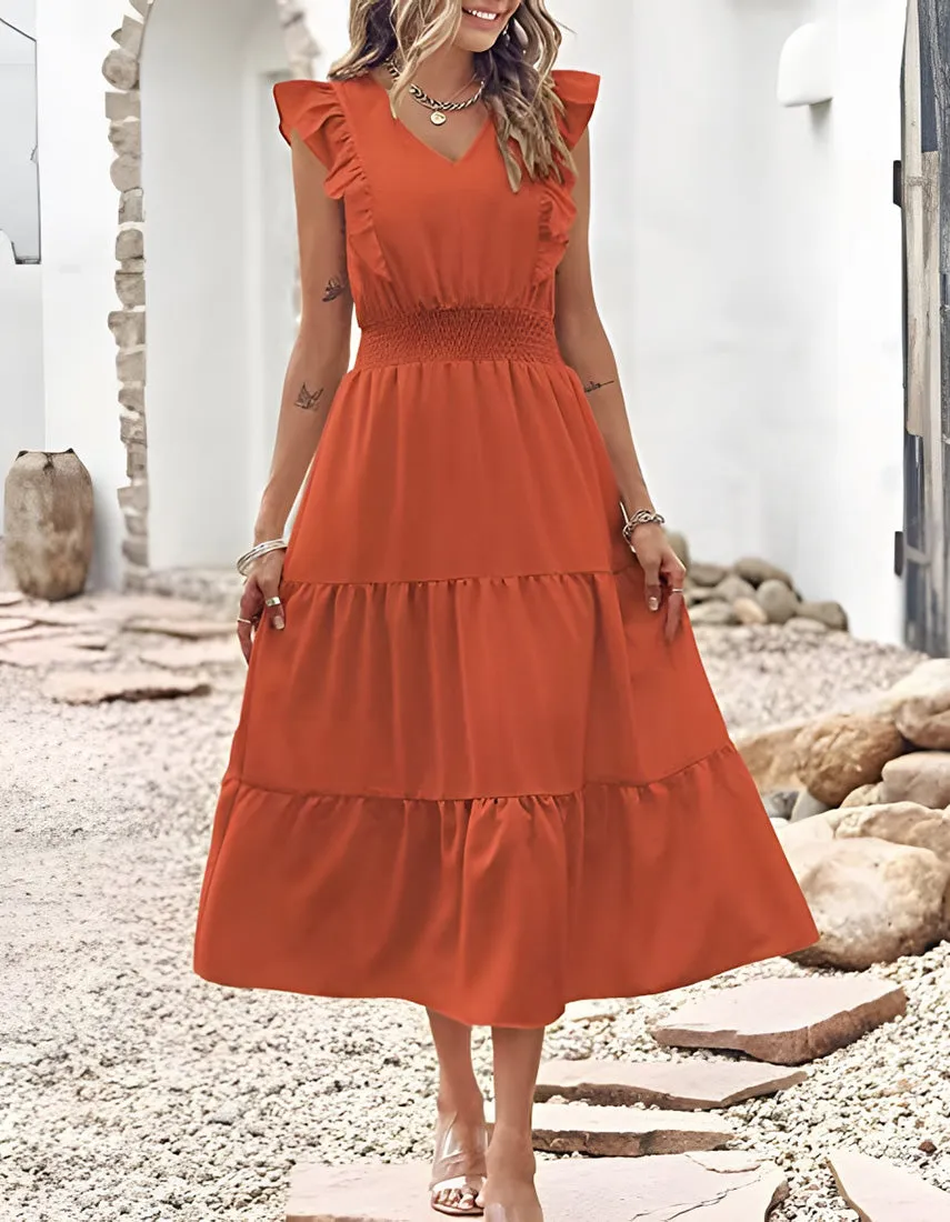 Plain Sleeveless V-Neck Midi Pleated A Line Dresses