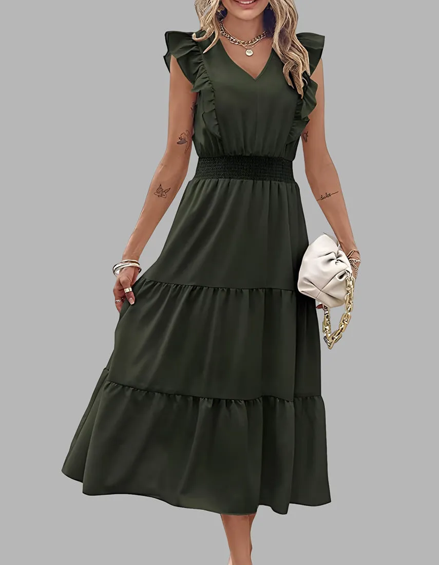 Plain Sleeveless V-Neck Midi Pleated A Line Dresses